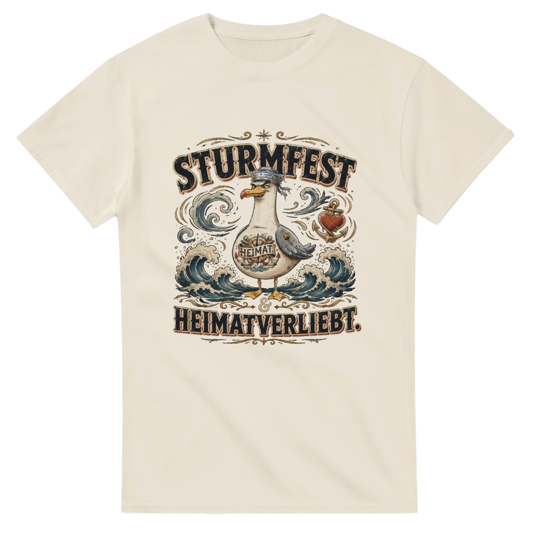 T-Shirt in Weiß mit Motiv „Sturmfest & Heimatverliebt Möwe“