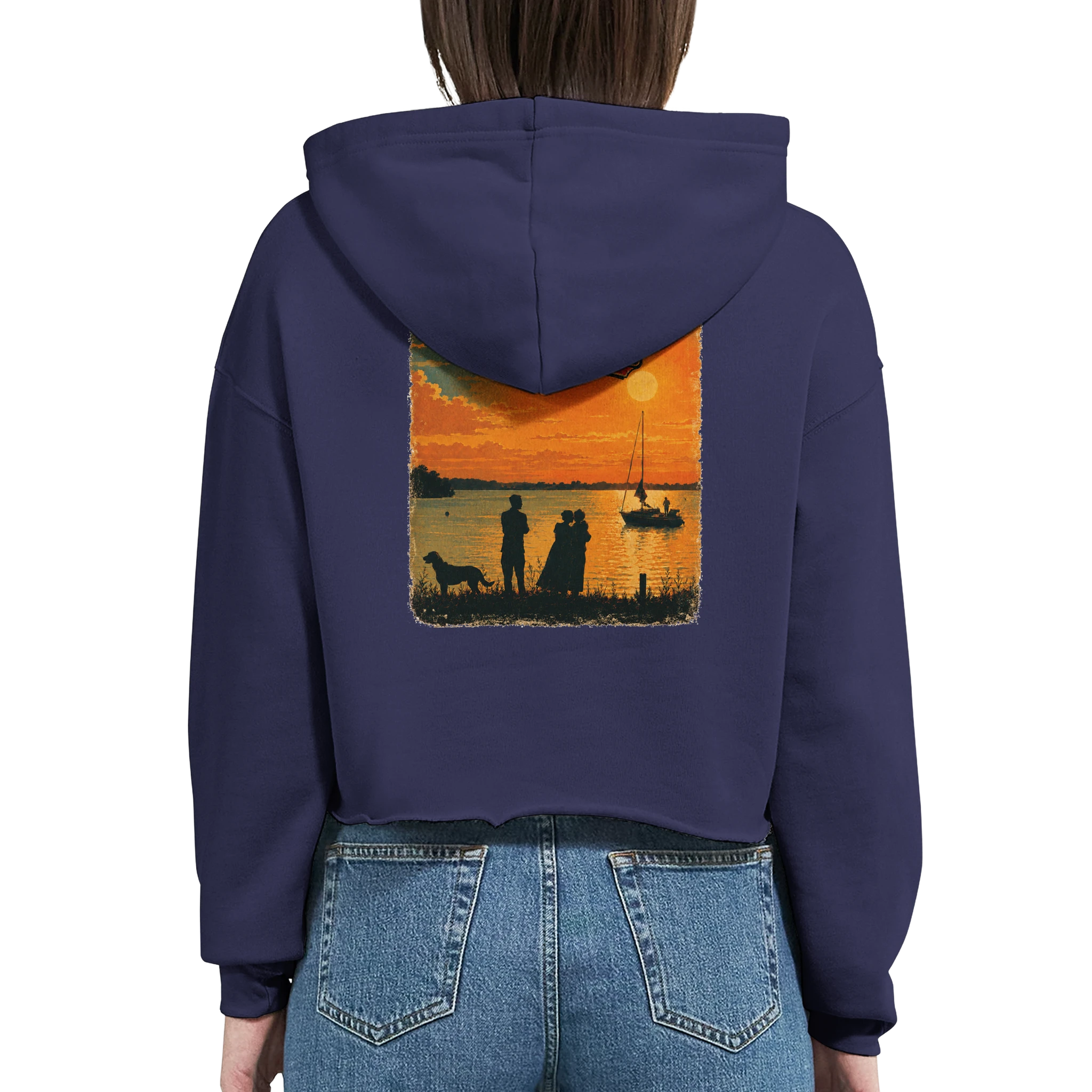 Damen-Hoodie in Weiß mit Motiv „Familie beim Sunset“