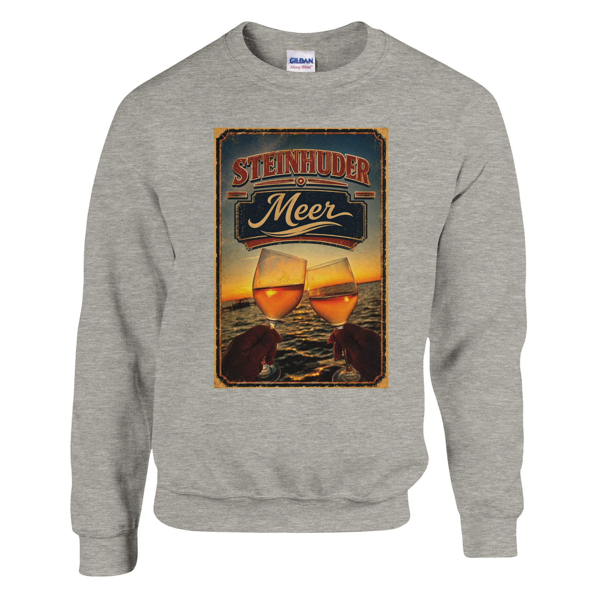 Pullover in Aschgrau mit Motiv „Stößchen bei Sunset“