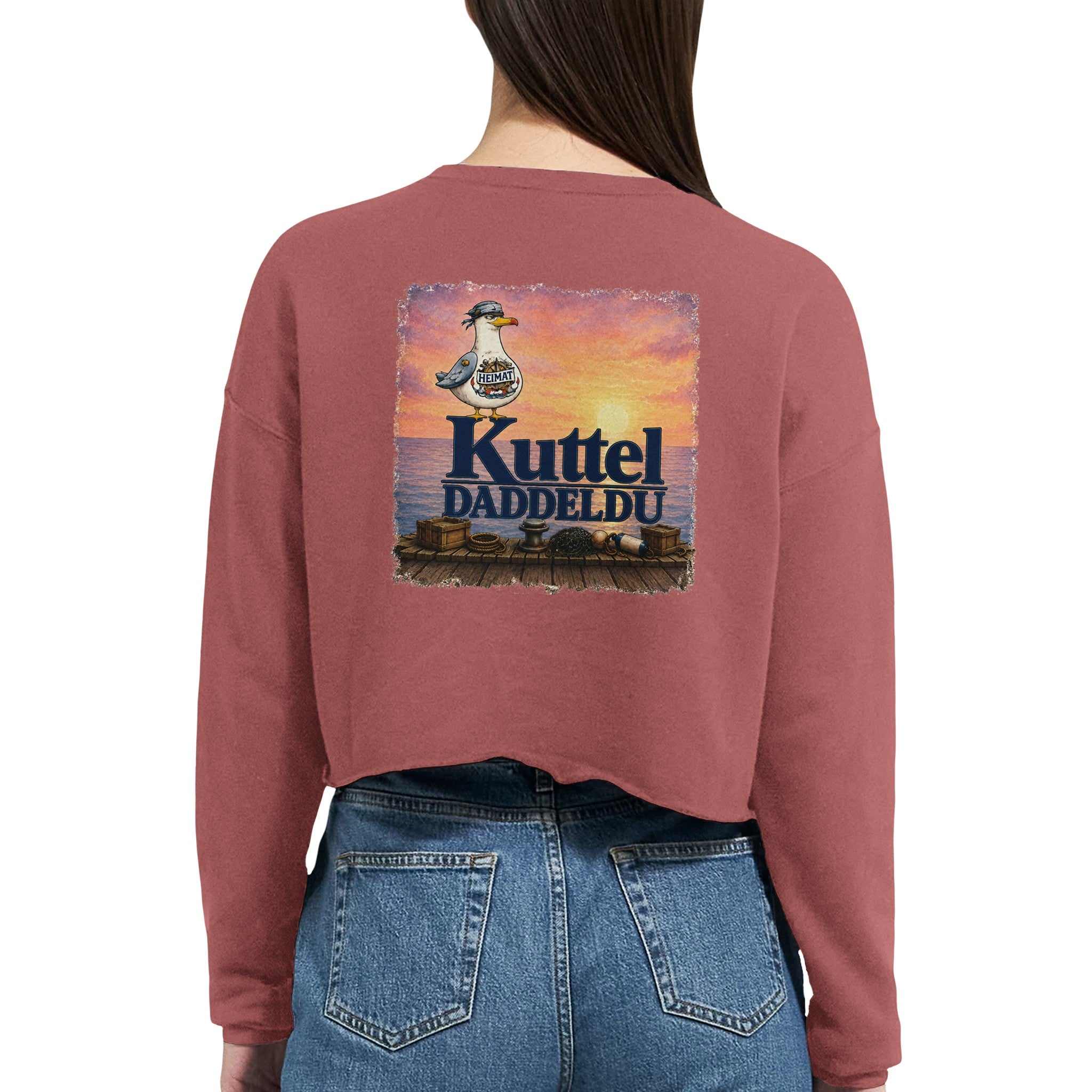 Damen-Pullover in Staubblau mit Motiv „Kuttel Daddeldu“