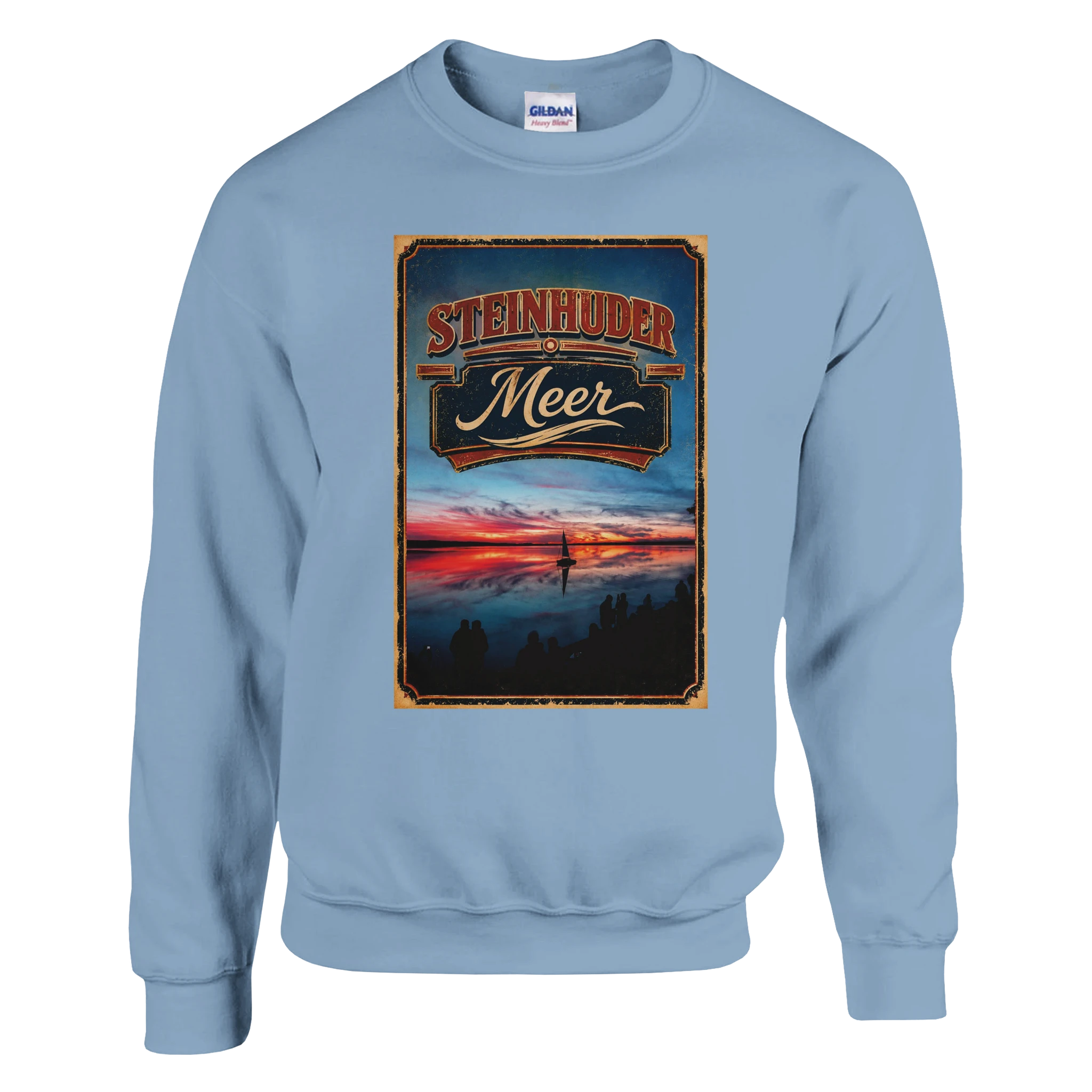 Pullover in Aschgrau mit Motiv „Sunset und Segler am Wilhelmstein – Steinhuder Meer“