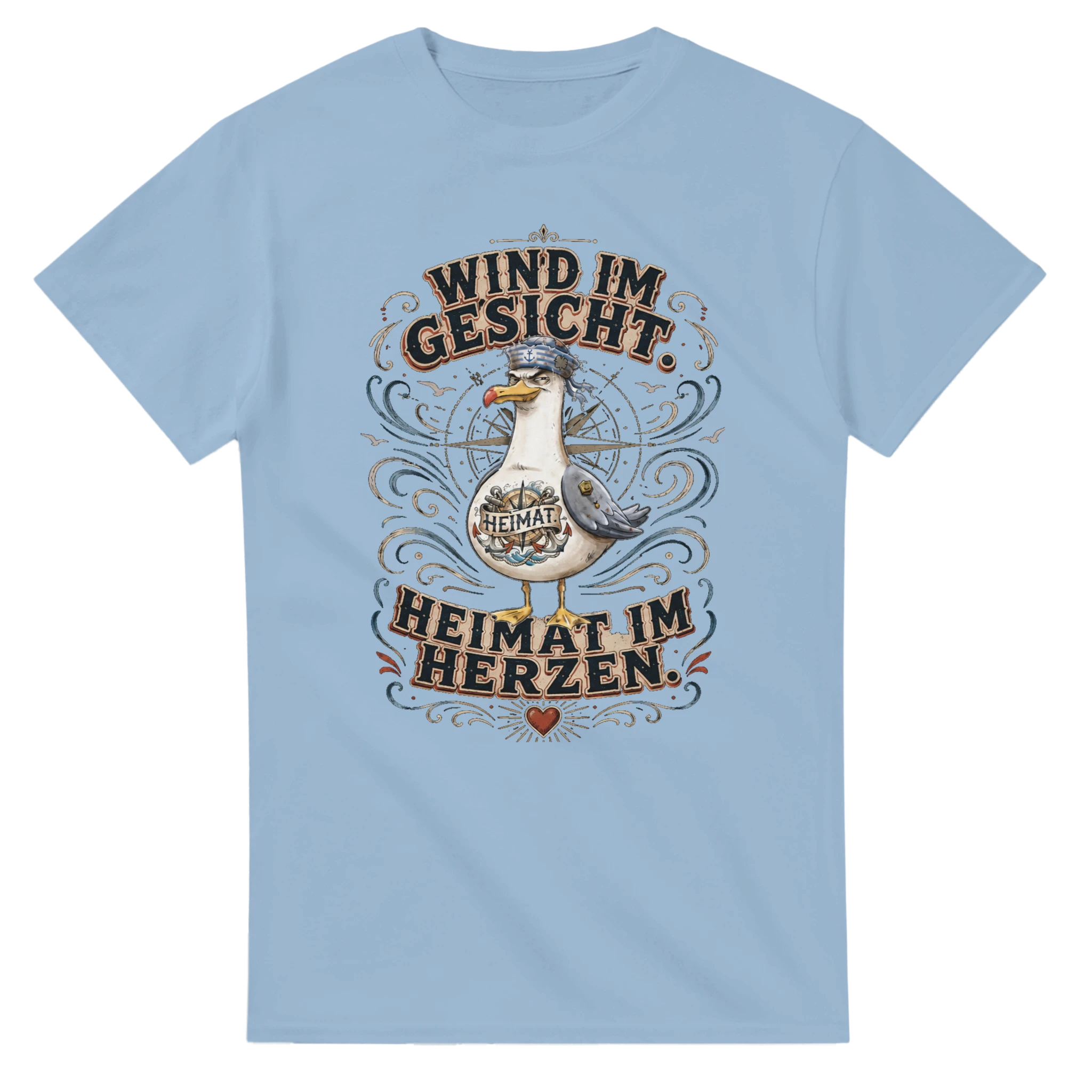 T-Shirt in Natur mit Motiv „Wind im Gesicht. Heimat im Herzen. Möwe“