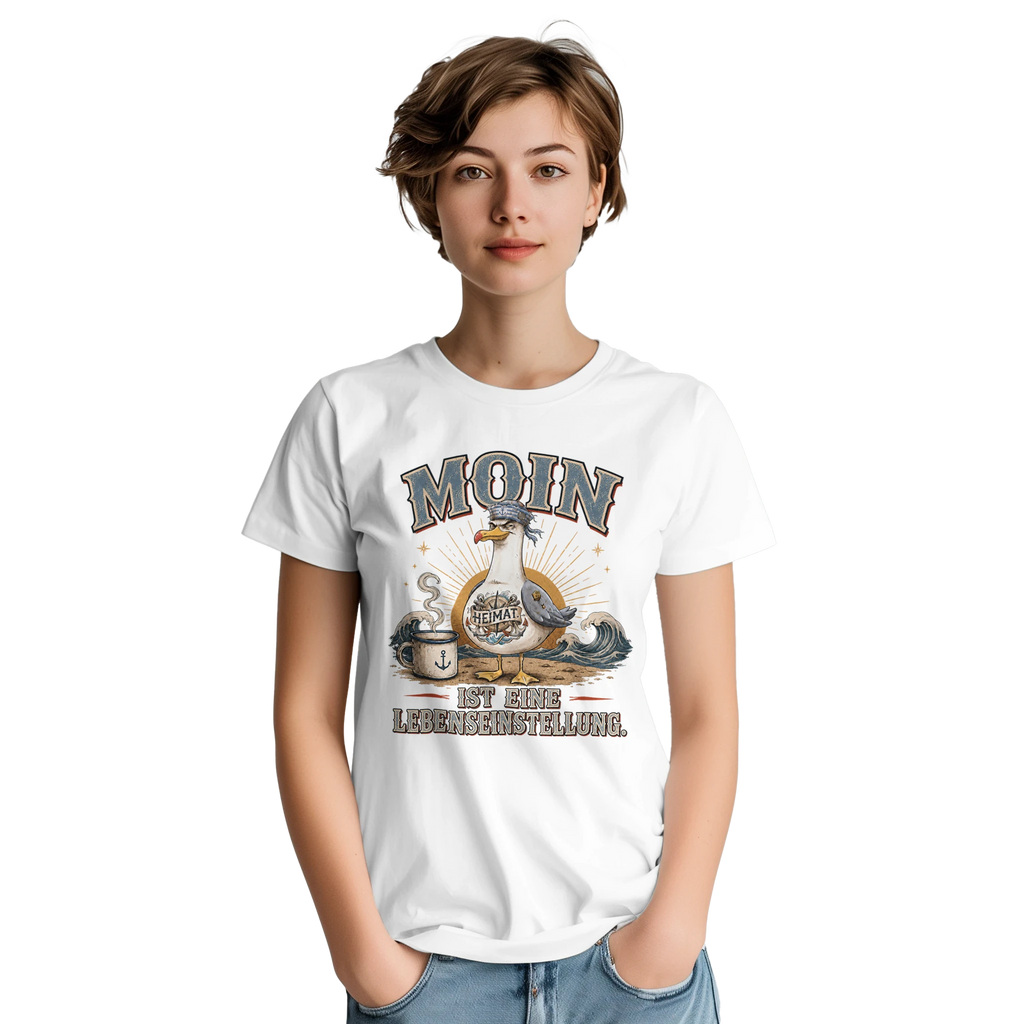 T-Shirt in Natur mit Motiv „Moin ist eine Lebenseinstellung“