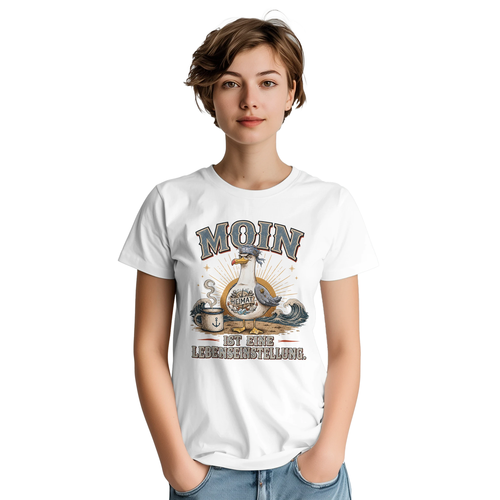 T-Shirt in Natur mit Motiv „Moin ist eine Lebenseinstellung“