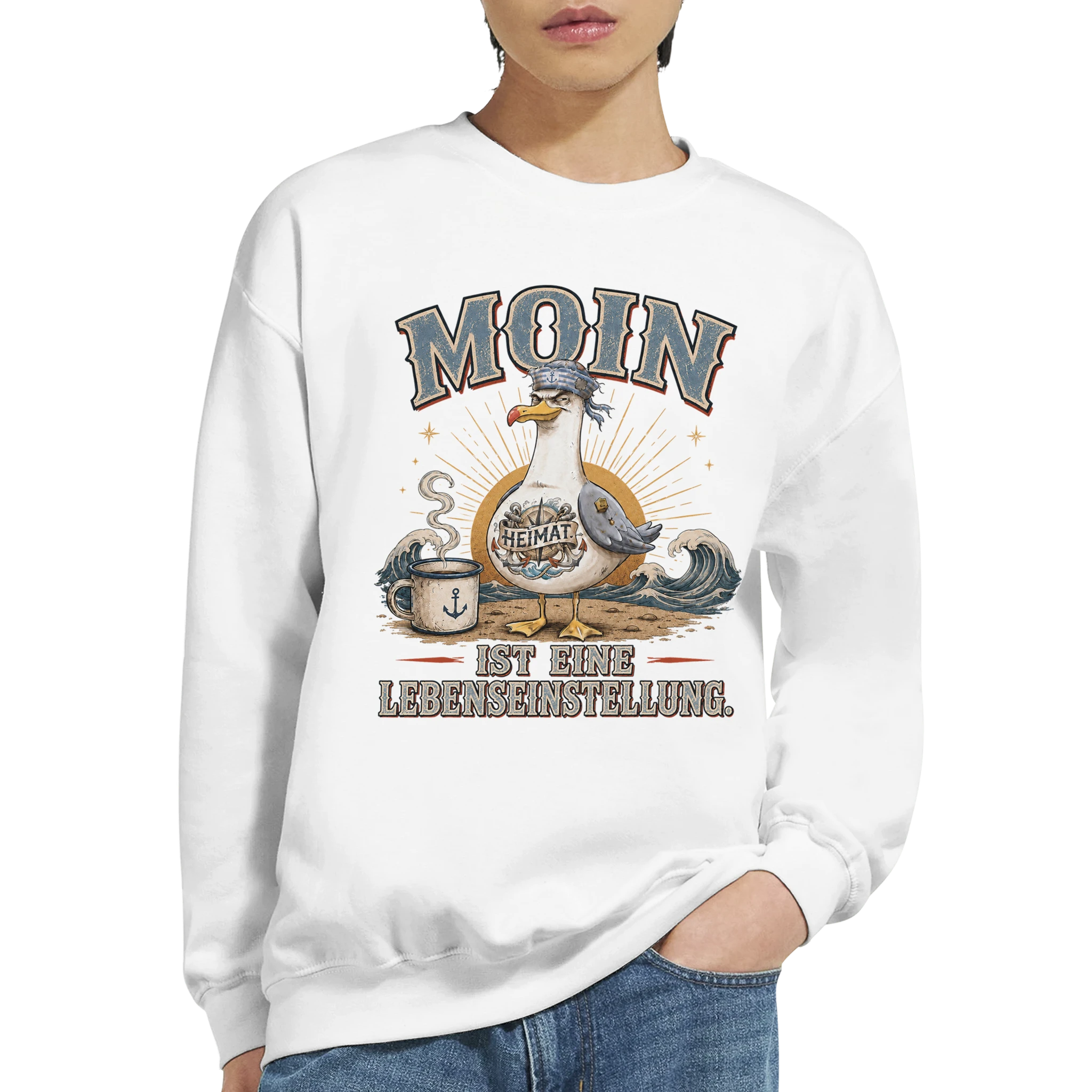 Pullover in Hellrosa mit Motiv „Moin ist eine Lebenseinstellung Möwe“