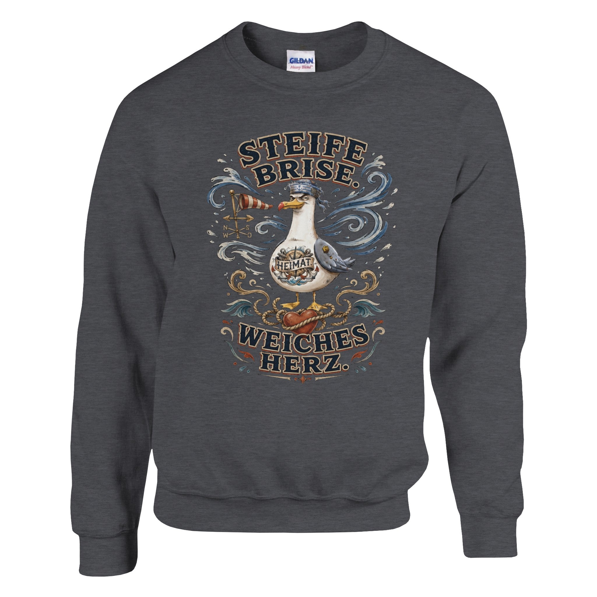 Pullover in Weiß mit Motiv „Steife Brise. Weiches Herz.“