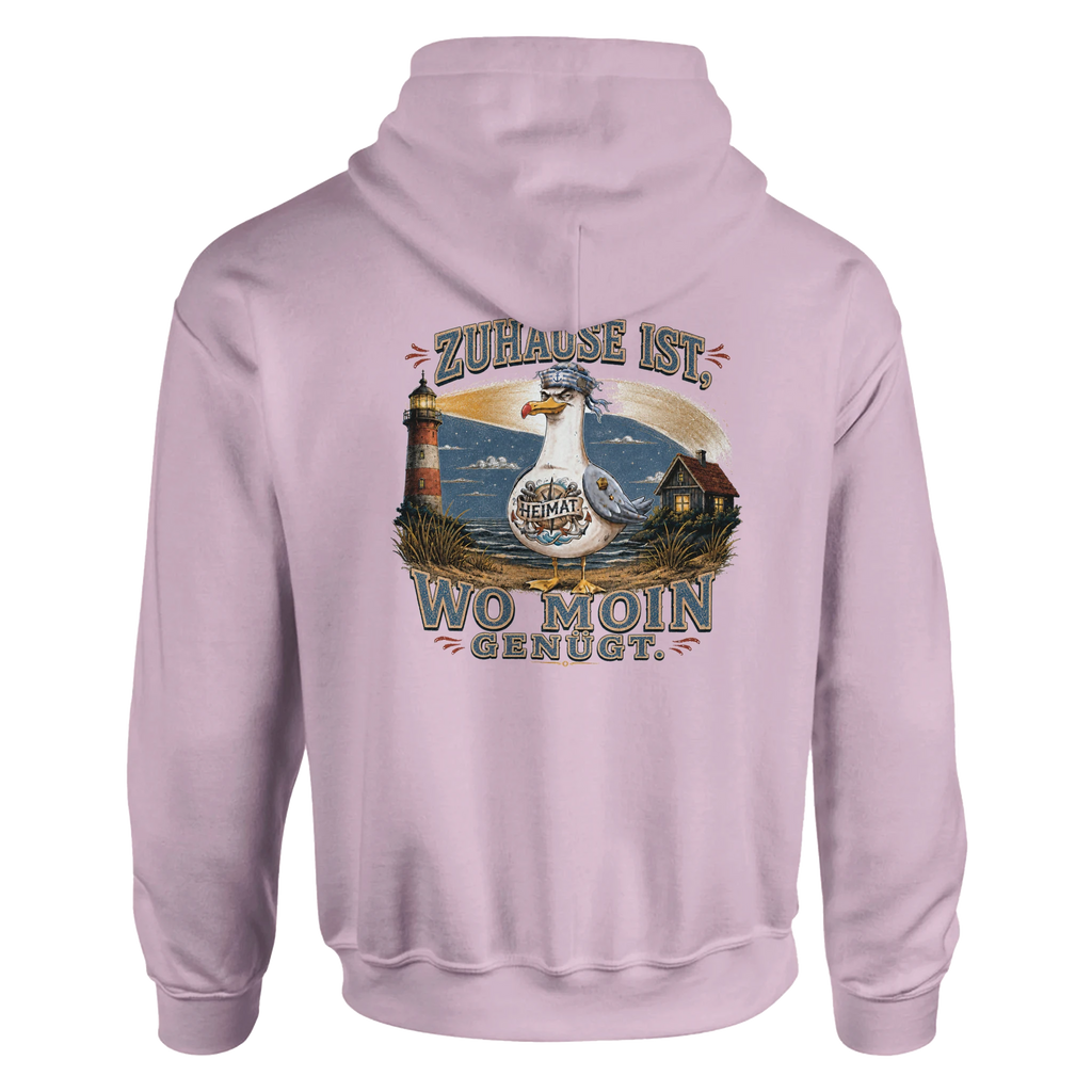 Hoodie in Weiß mit Motiv „Zuhause ist, wo Moin genügt. Möwe“
