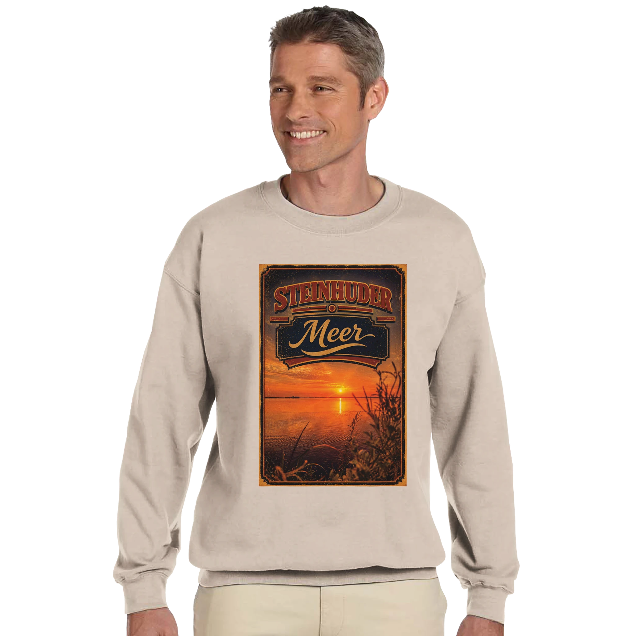 Pullover in Aschgrau mit Motiv „Sunset am Steinhuder Meer“