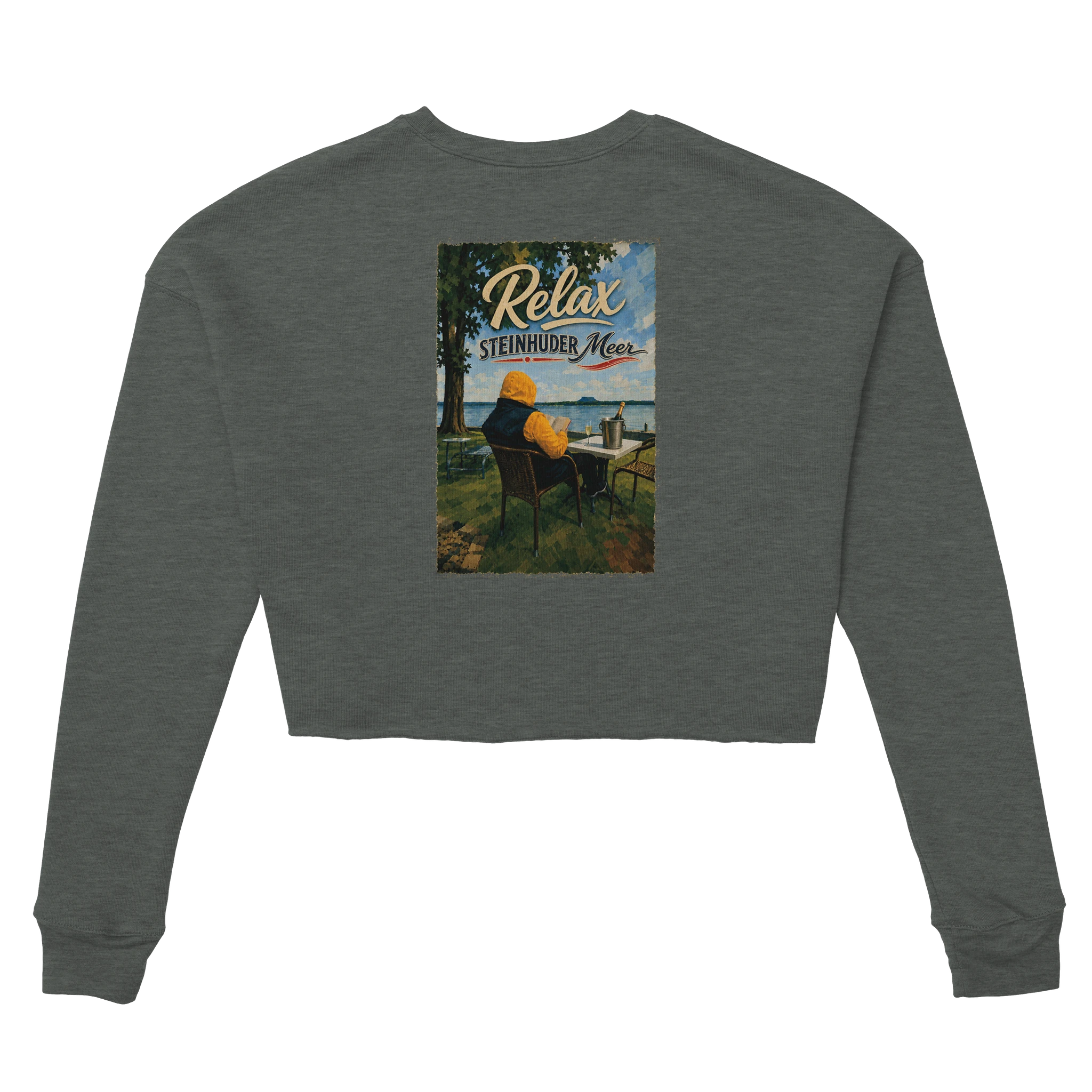 Damen-Pullover in Dunkelgrau meliert mit Motiv „Relax und Champagner“