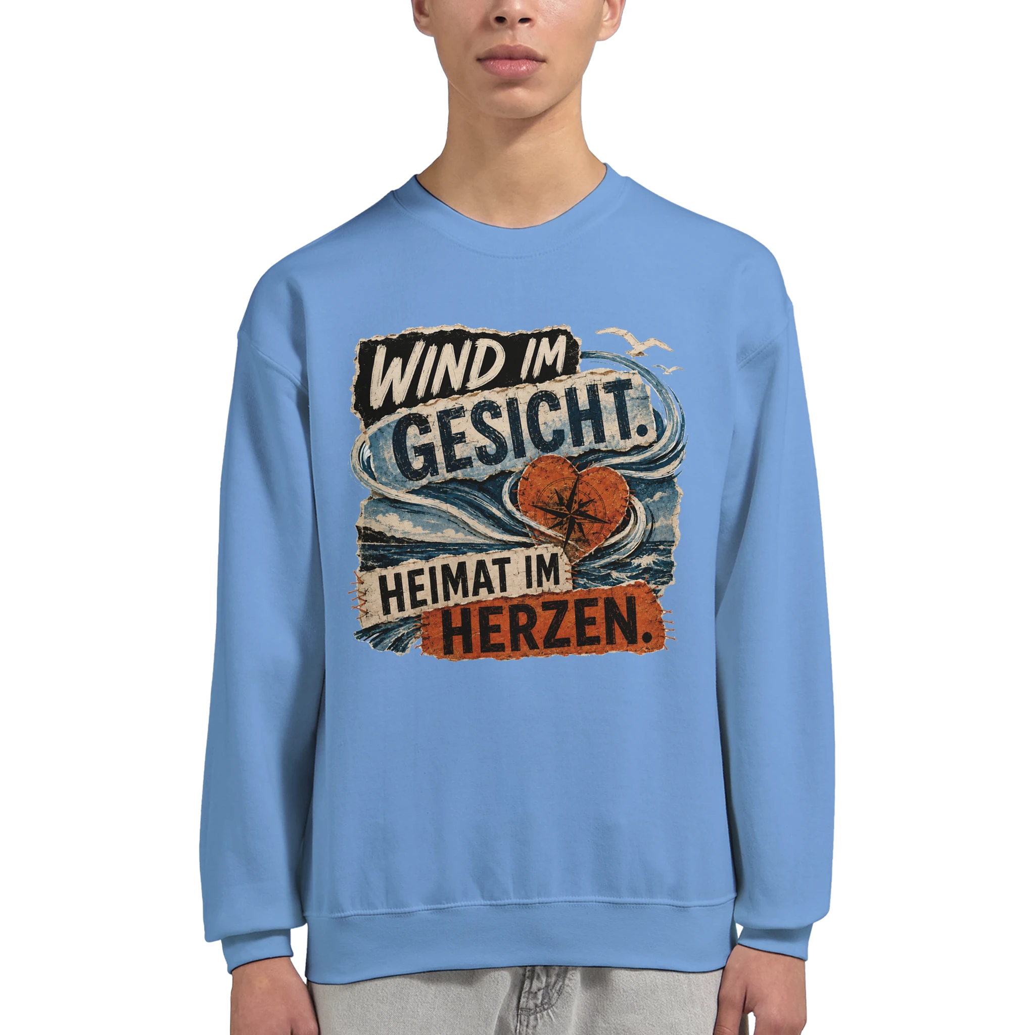 Pullover in Hellrosa mit Motiv „Wind im Gesicht. Heimat im Herzen.“