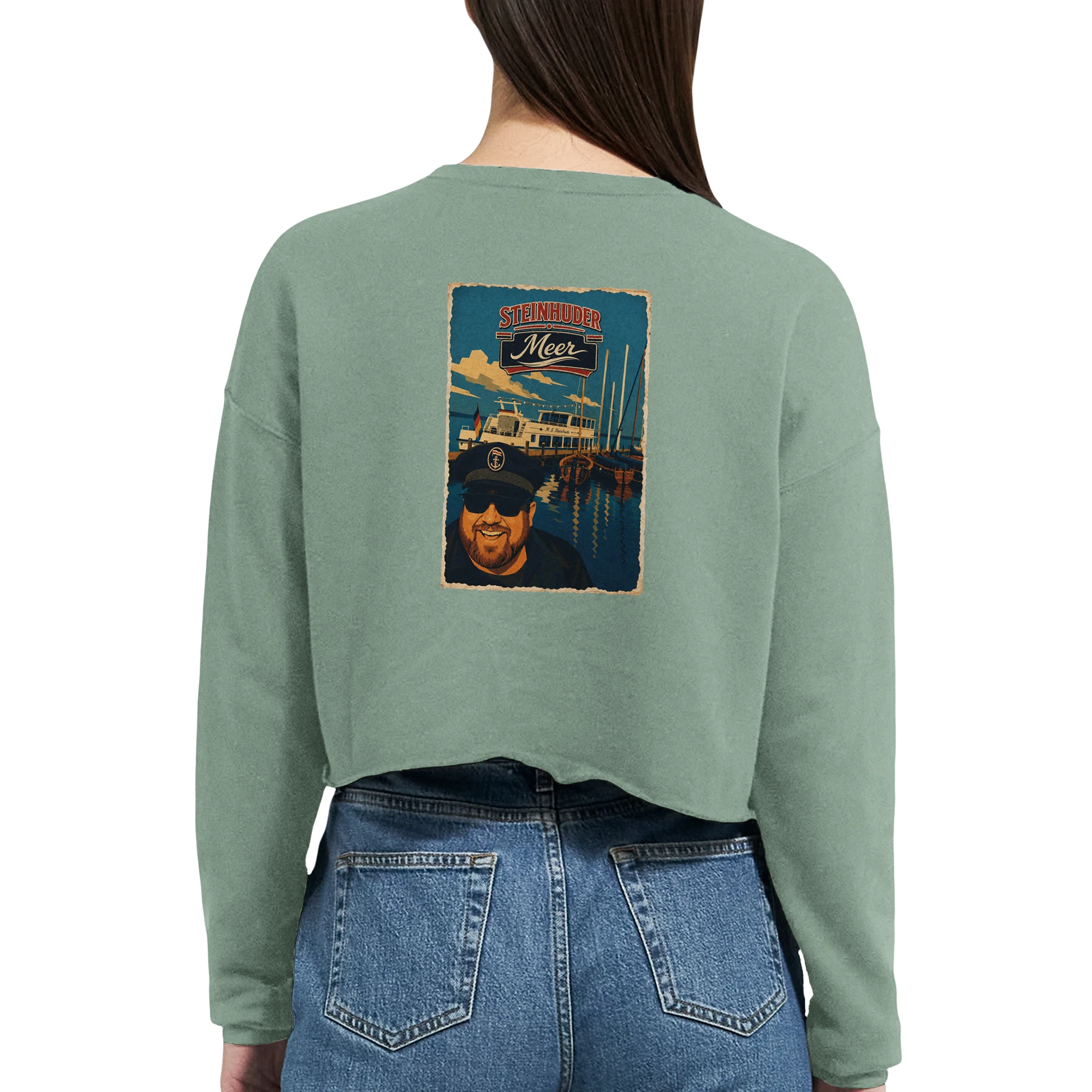 Damen-Pullover in Staubblau mit Motiv „Kapitän an Bord“
