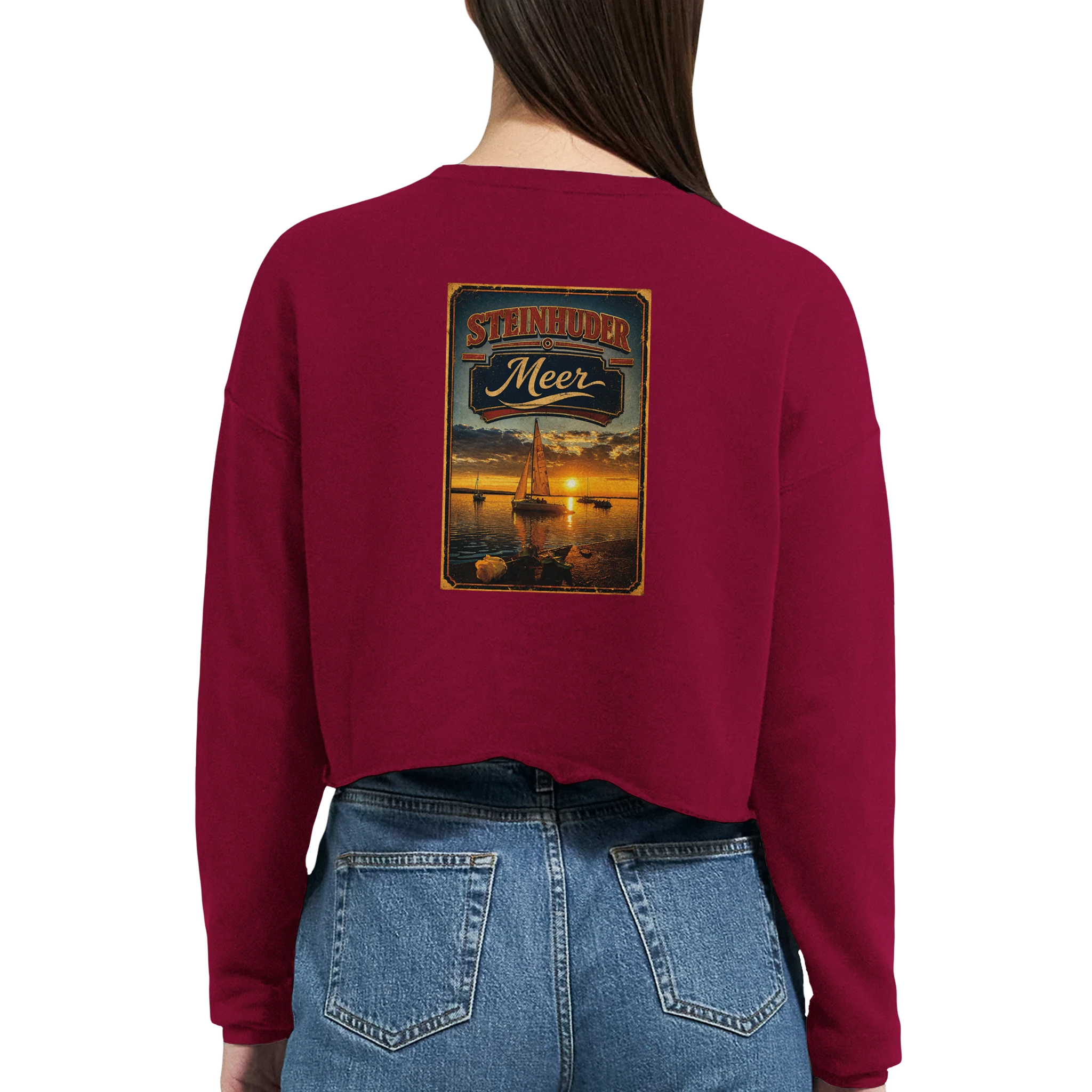 Damen-Pullover in Staubblau mit Motiv „White Night am Wilhelmstein mit Sonnenuntergang“