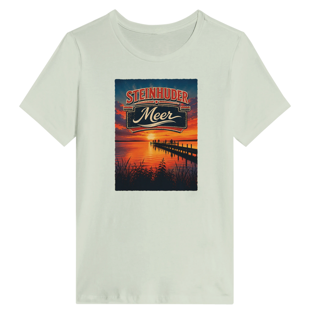 Damen-T-Shirt in Weiß mit Motiv „Sunset Ratskeller Steg am Steinhuder Meer“