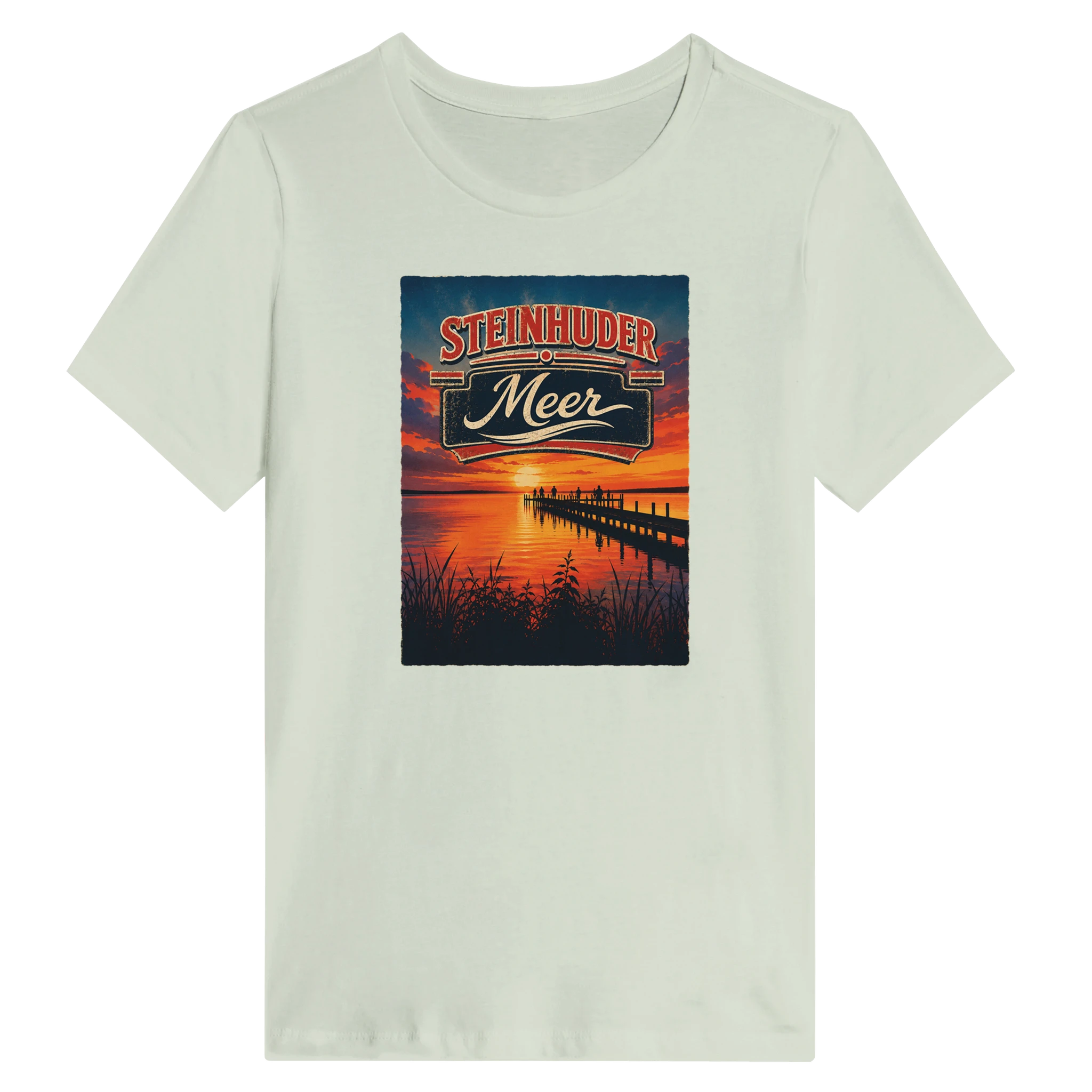 Damen-T-Shirt in Weiß mit Motiv „Sunset Ratskeller Steg am Steinhuder Meer“