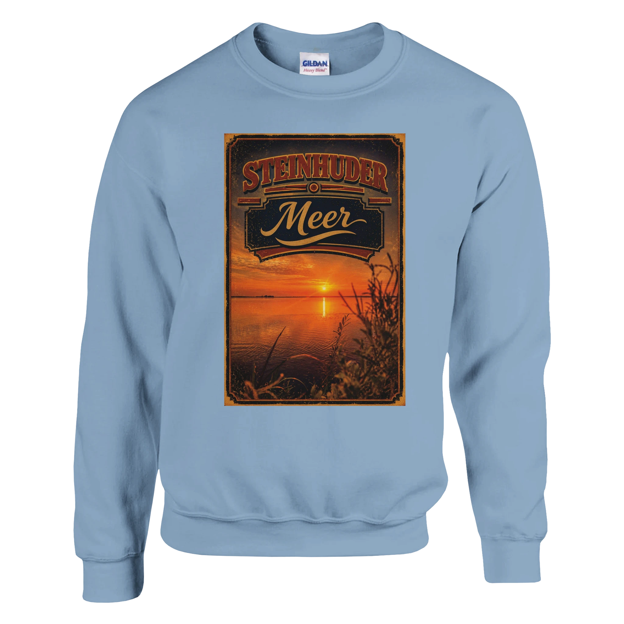 Pullover in Aschgrau mit Motiv „Sunset am Steinhuder Meer“