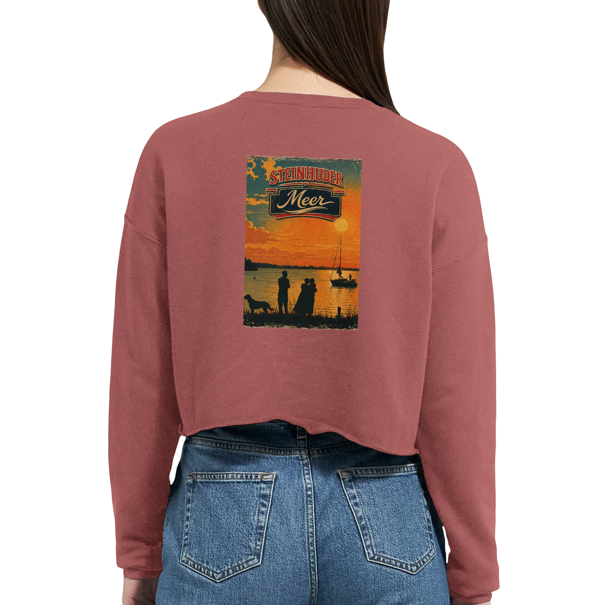Damen-Pullover in Staubblau mit Motiv „Familie beim Sunset“