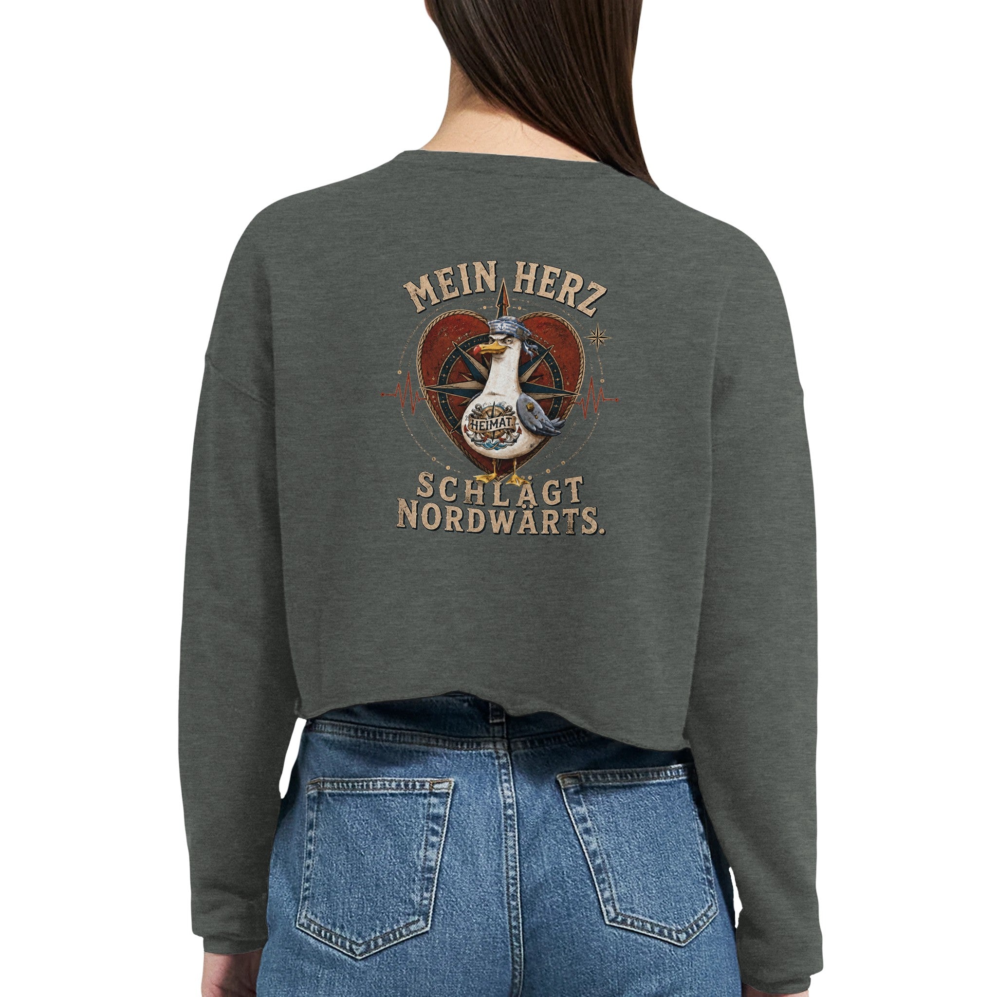 Damen-Pullover in Staubblau mit Motiv „Mein Herz schlägt NORDWÄRTS. Möwe“
