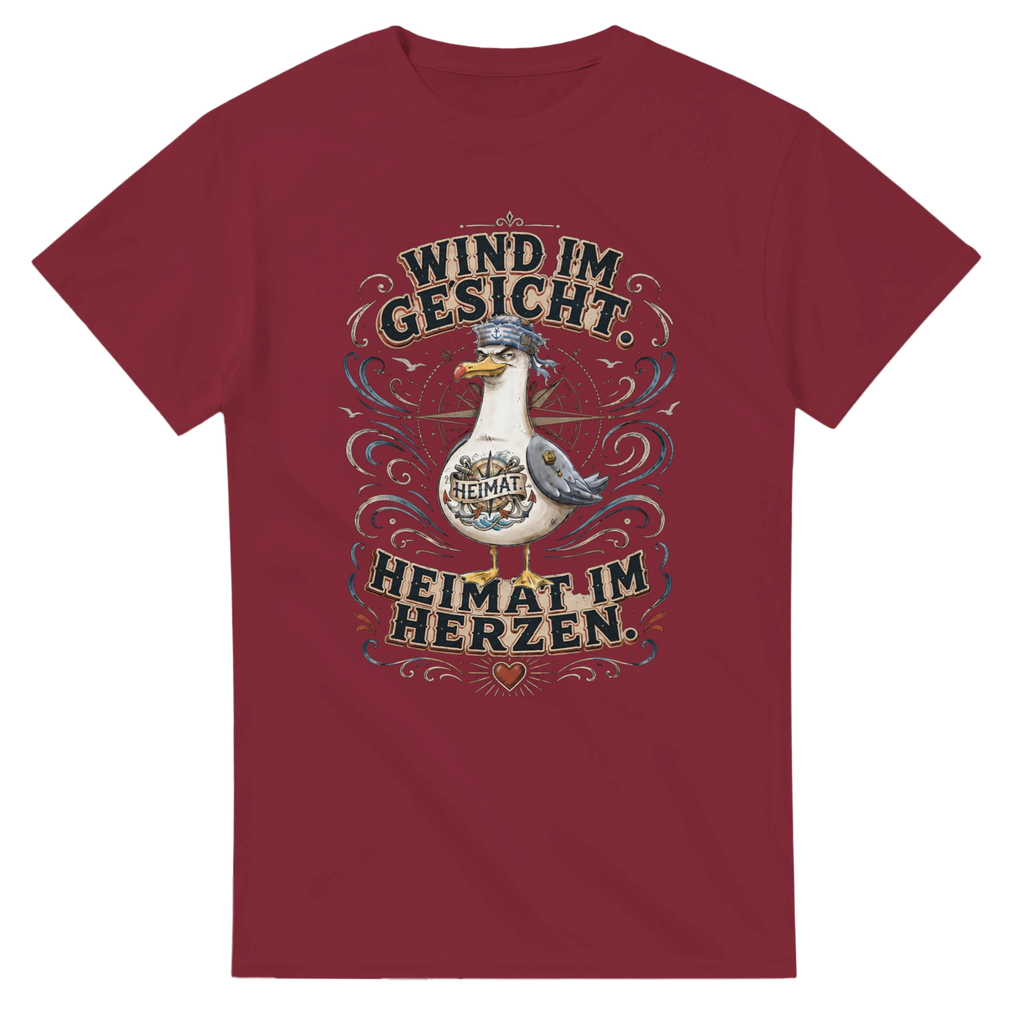 T-Shirt in Weiß mit Motiv „Wind im Gesicht. Heimat im Herzen. Möwe“