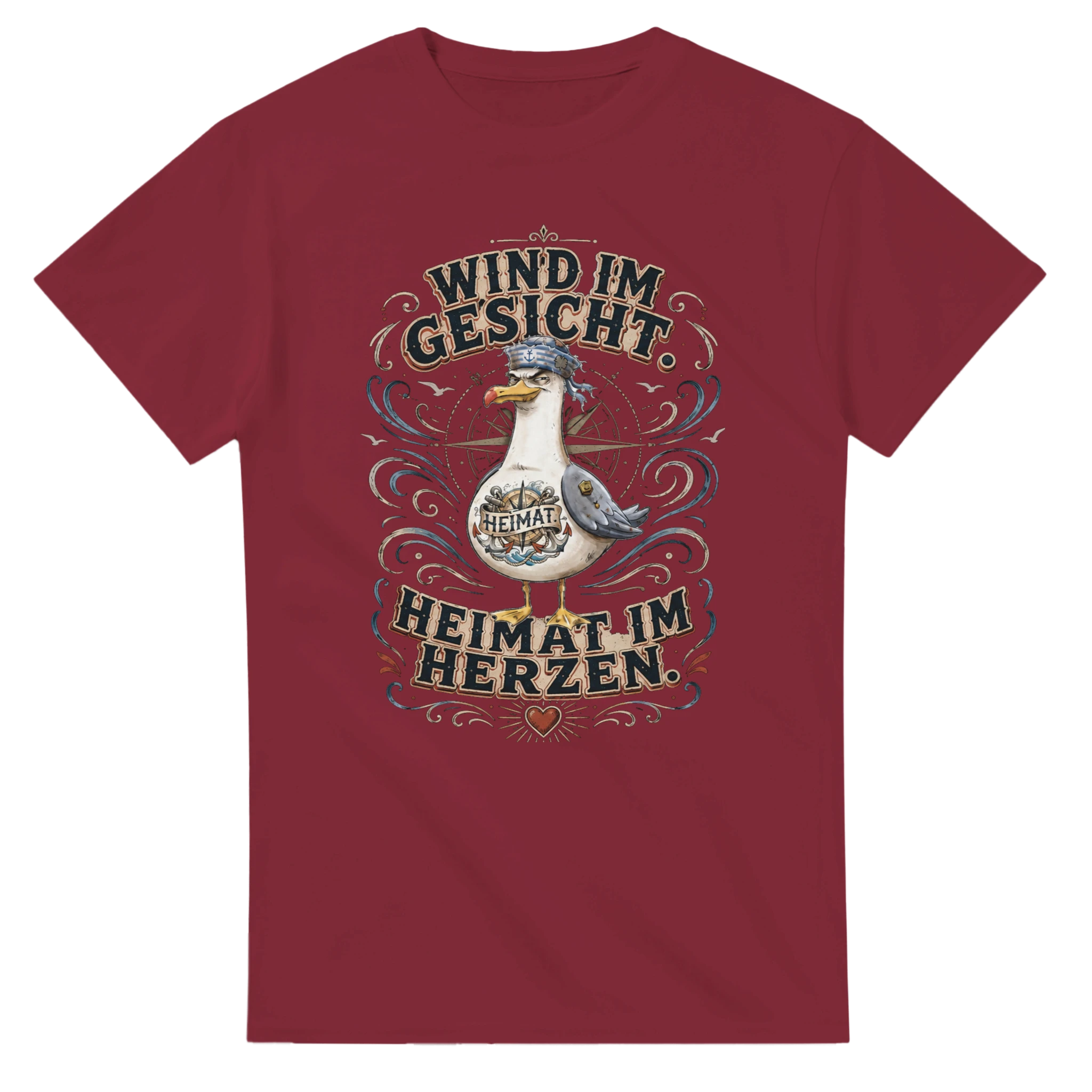 T-Shirt in Weiß mit Motiv „Wind im Gesicht. Heimat im Herzen. Möwe“