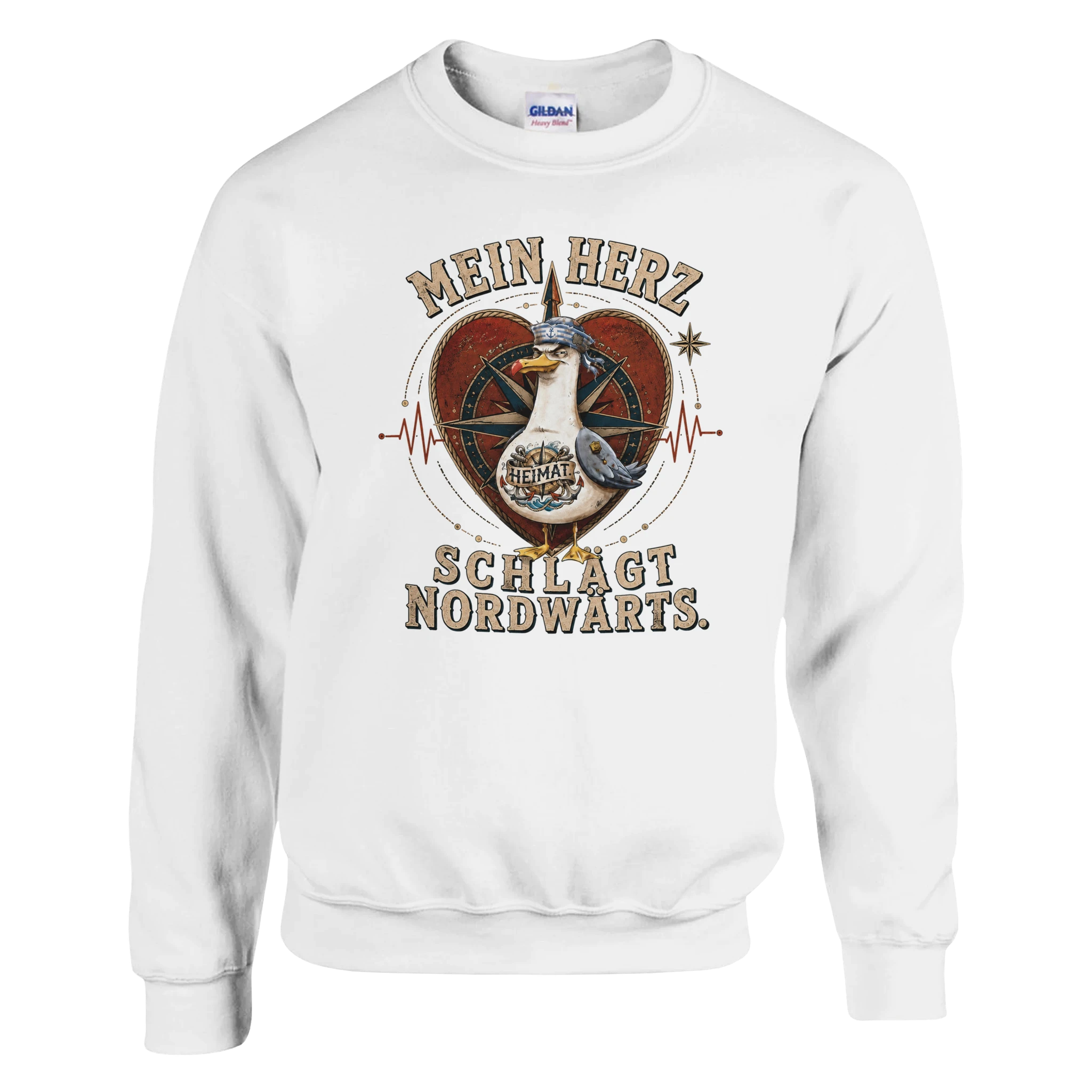 Pullover in Weiß mit Motiv „Mein Herz schlägt NORDWÄRTS. Möwe“