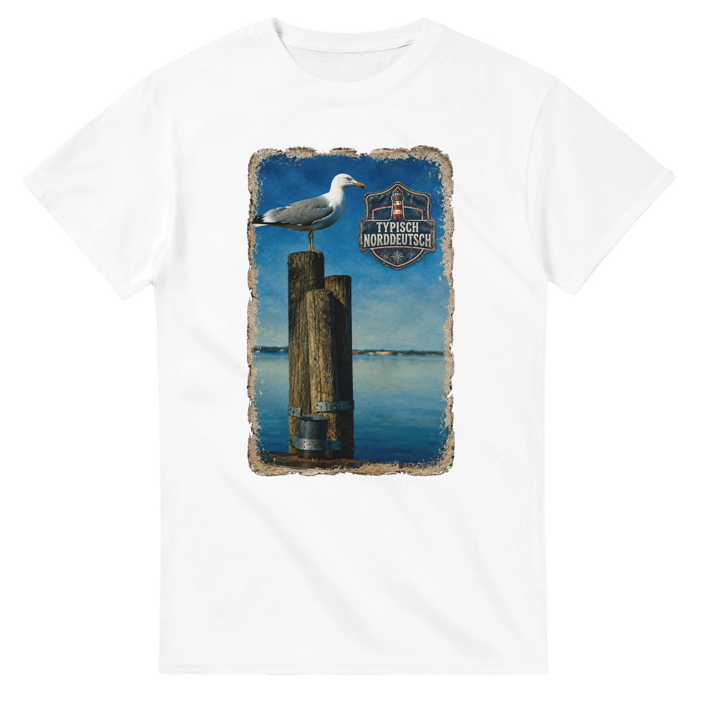 T-Shirt in Weiß mit Motiv „Möwe auf Poller“