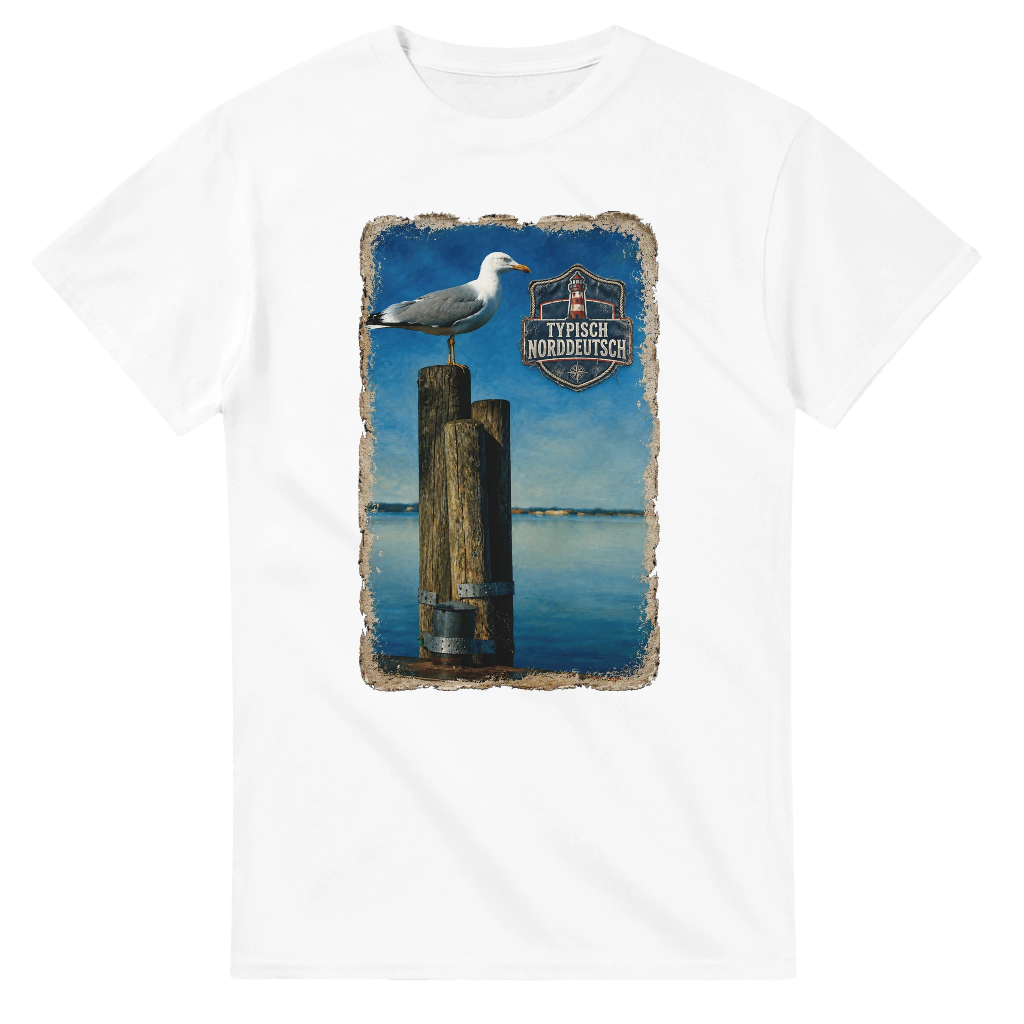 T-Shirt in Weiß mit Motiv „Möwe auf Poller“