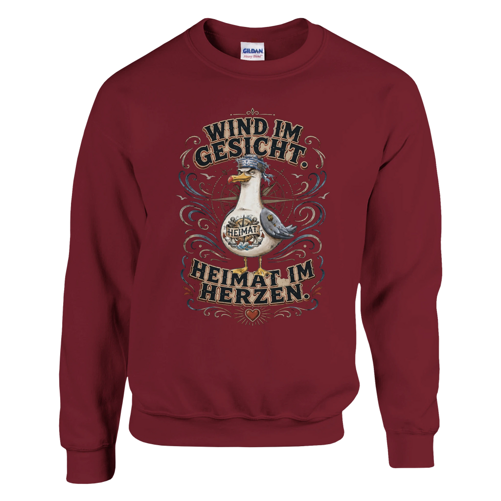 Pullover in Weiß mit Motiv „Wind im Gesicht. Heimat im Herzen. Möwe“