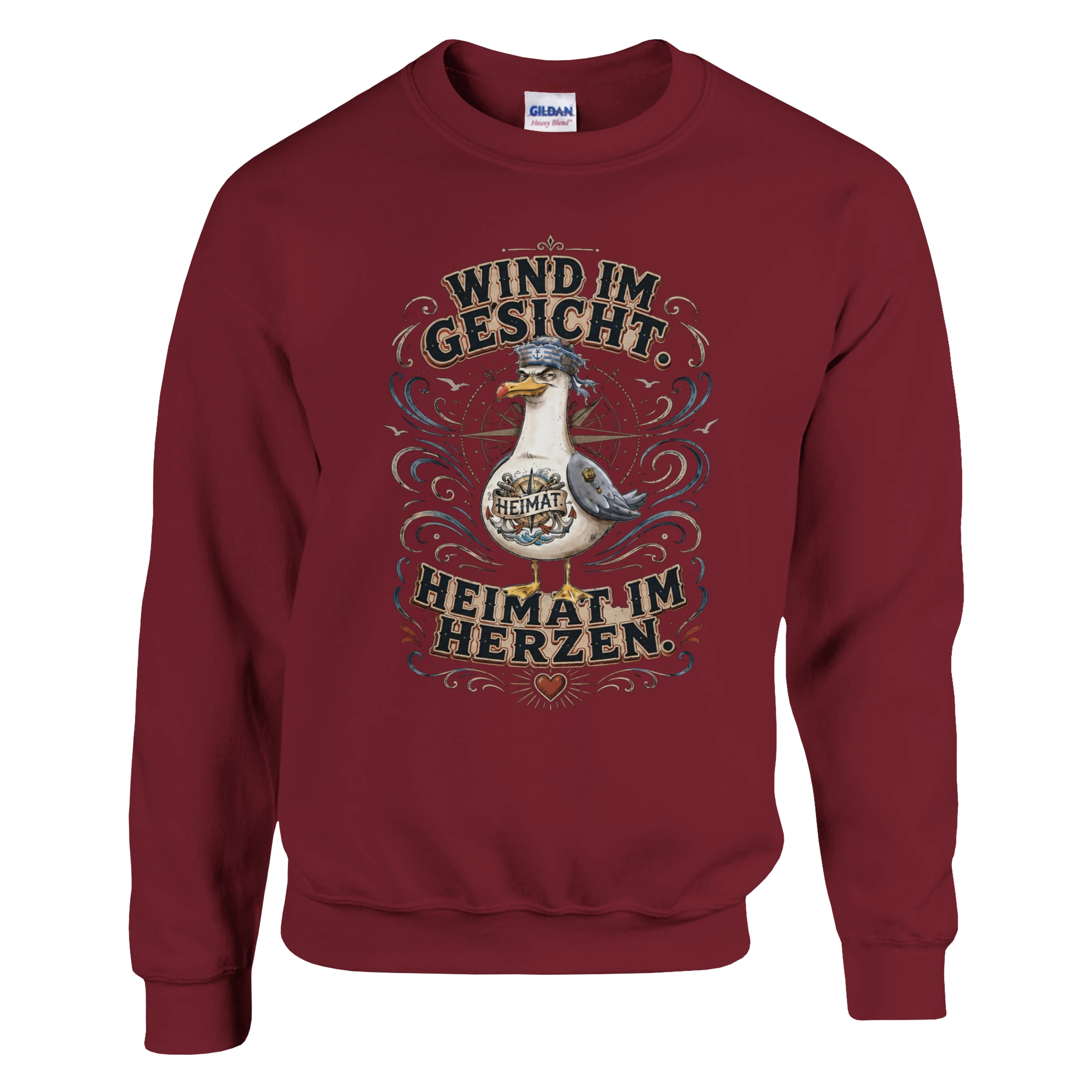 Pullover in Weiß mit Motiv „Wind im Gesicht. Heimat im Herzen. Möwe“