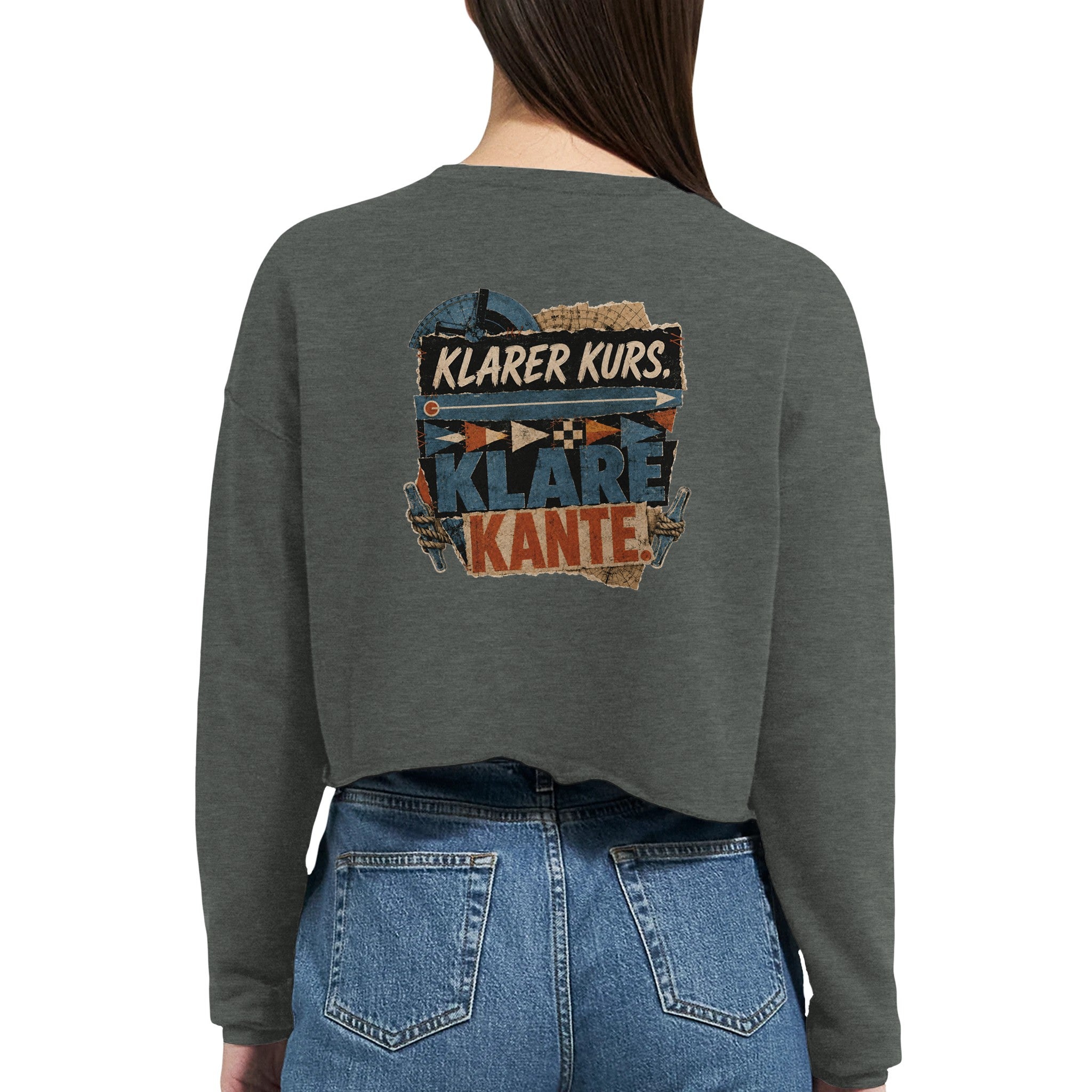Damen-Pullover in Staubblau mit Motiv „Klarer Kurs. Klare Kante.“