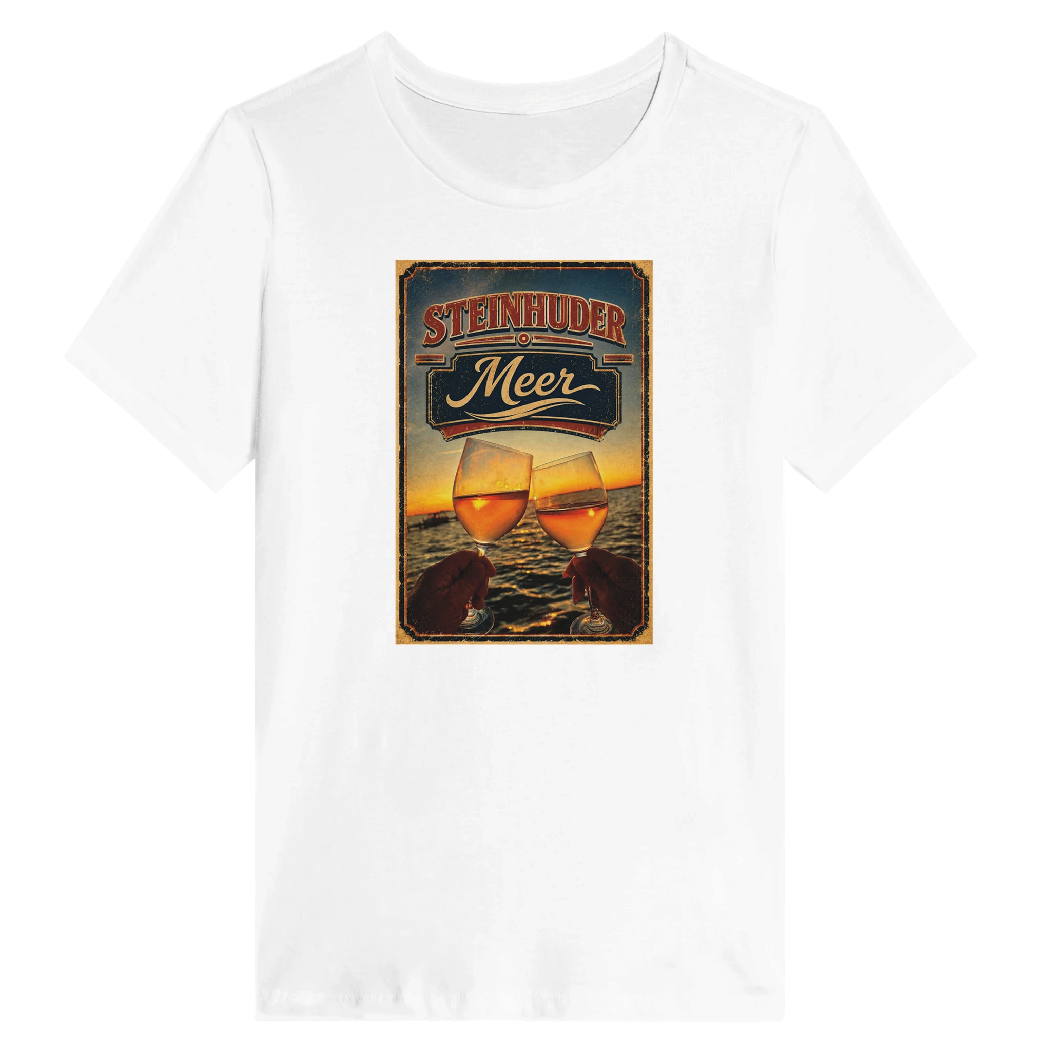 Damen-T-Shirt in Weiß mit Motiv „Stößchen bei Sunset“