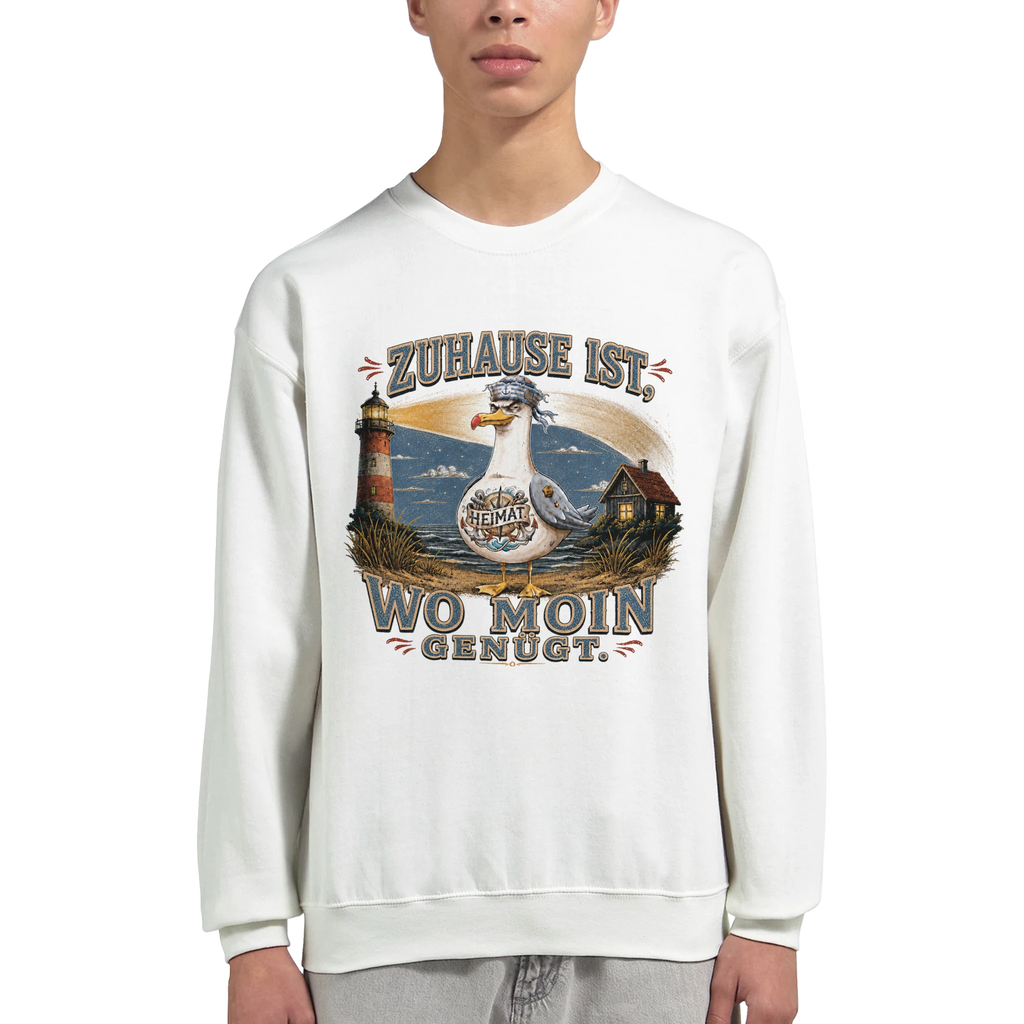 Pullover in Sand mit Motiv „Zuhause ist, wo Moin genügt. Möwe“