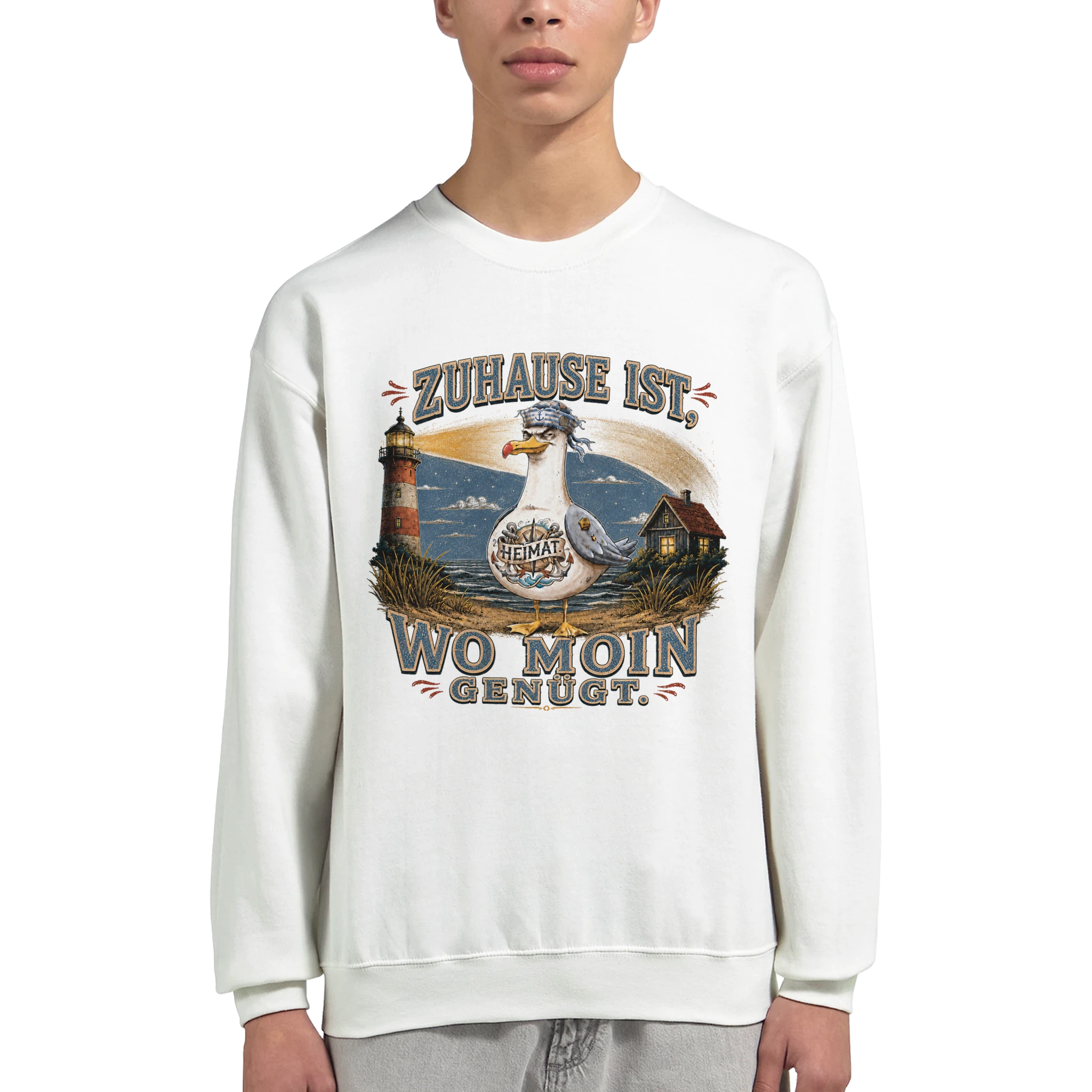 Pullover in Sand mit Motiv „Zuhause ist, wo Moin genügt. Möwe“