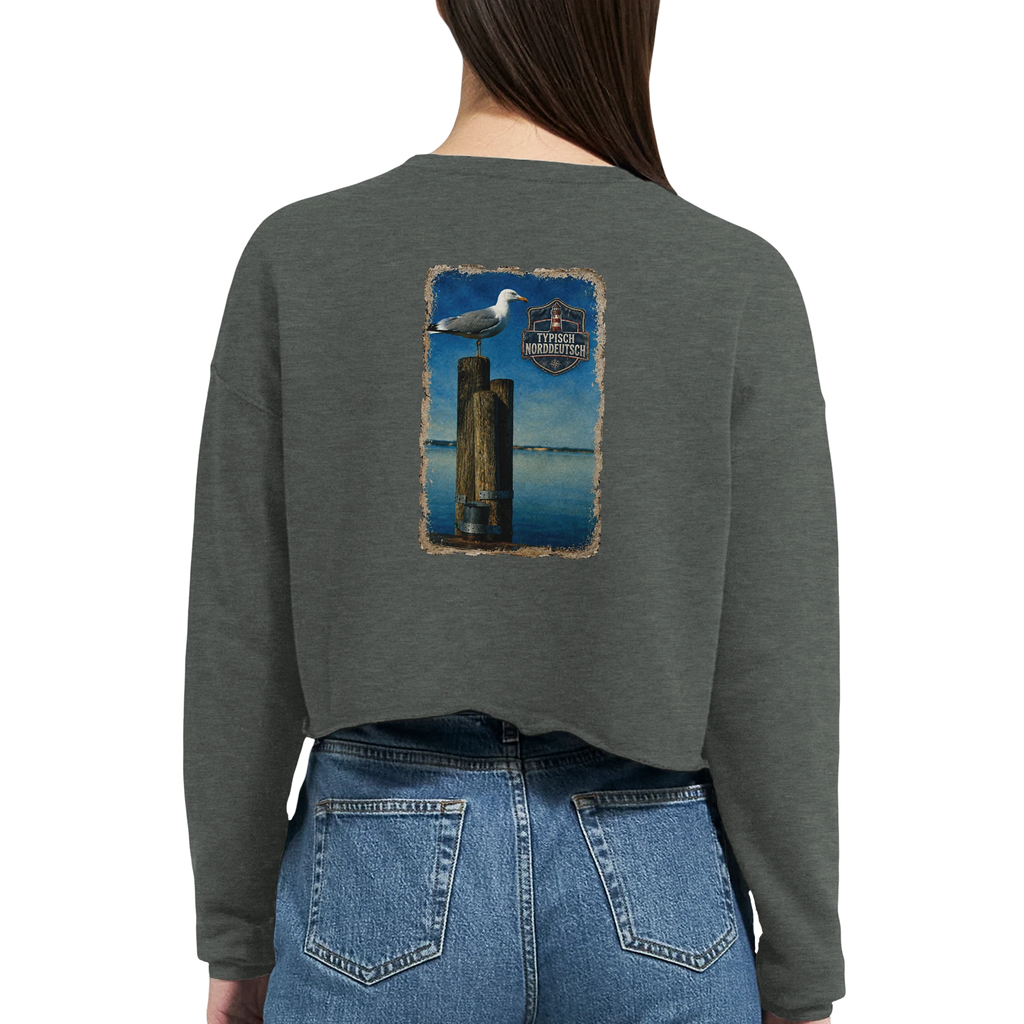 Damen-Pullover in Staubblau mit Motiv „Möwe auf Poller“