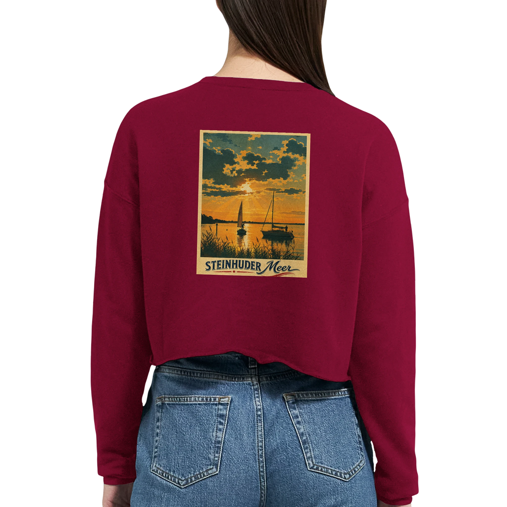 Damen-Pullover in Staubblau mit Motiv „Segler am Steinhuder Meer beim Sunset“