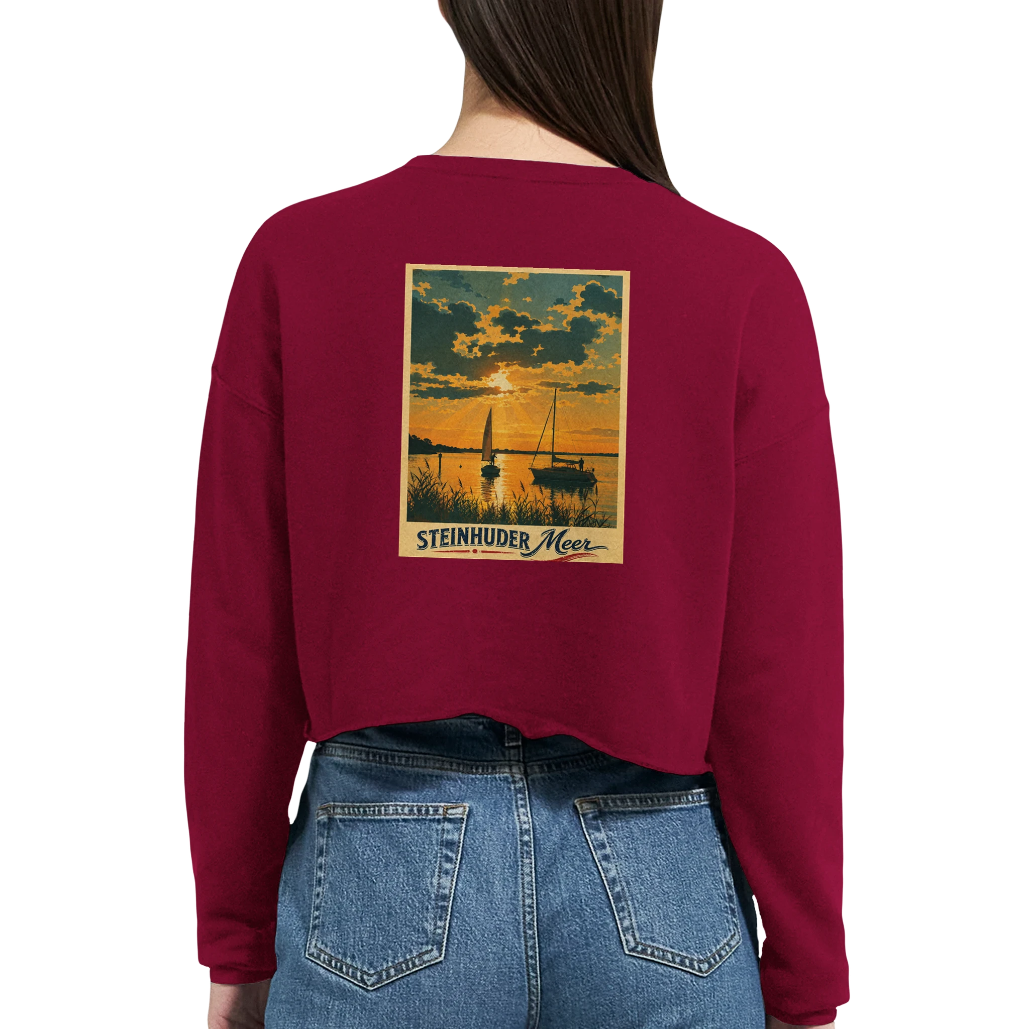 Damen-Pullover in Staubblau mit Motiv „Segler am Steinhuder Meer beim Sunset“