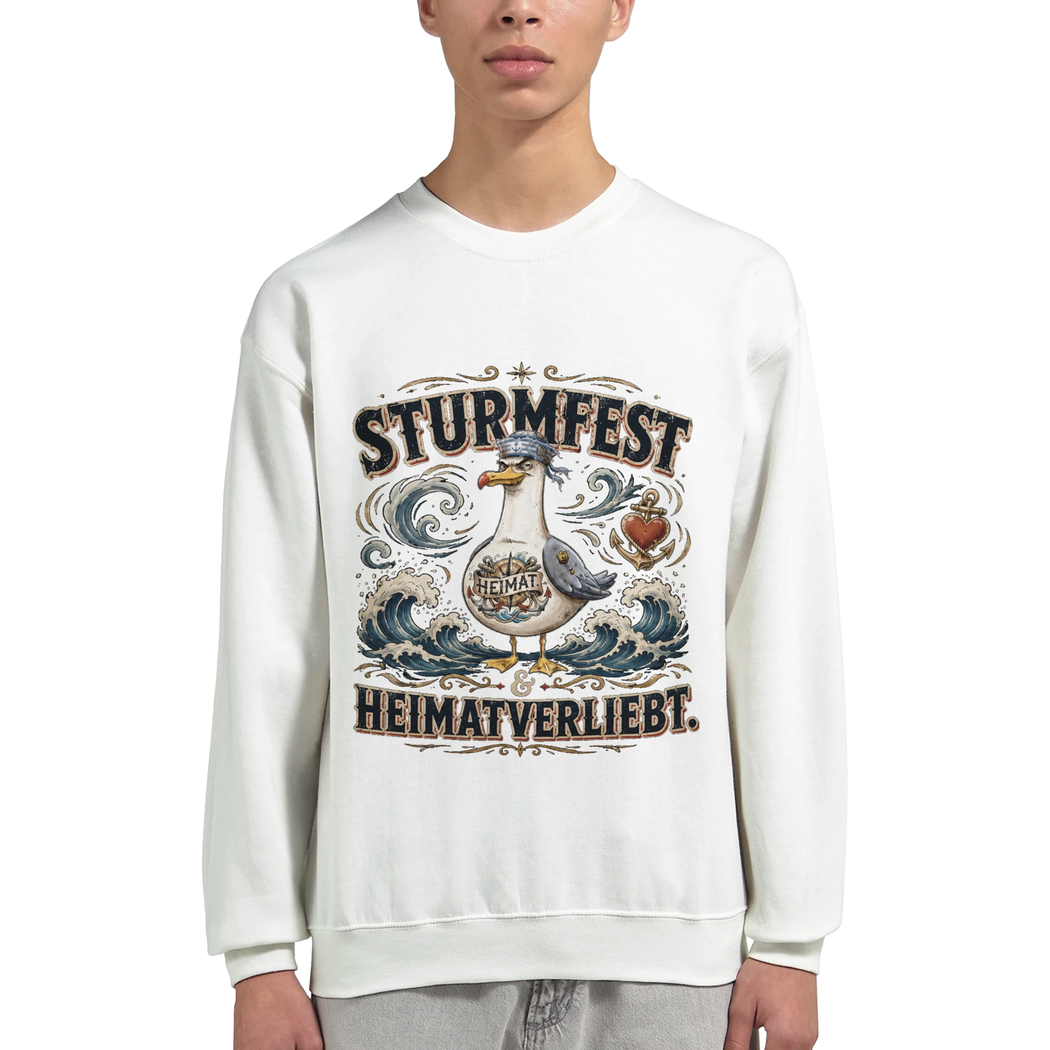 Pullover in Hellrosa mit Motiv „Sturmfest & Heimatverliebt Möwe“