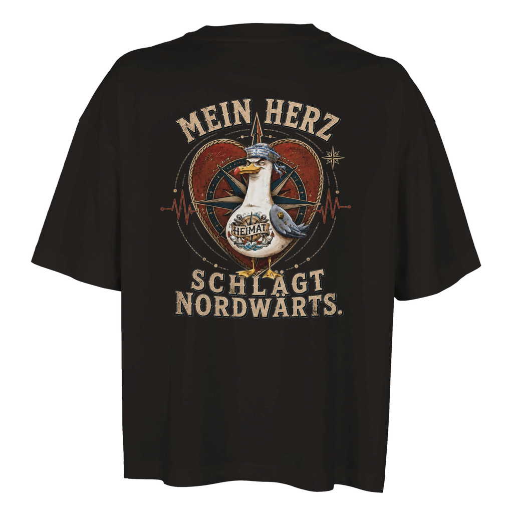 Damen-T-Shirt in Weiß mit Motiv „Mein Herz schlägt NORDWÄRTS. Möwe“