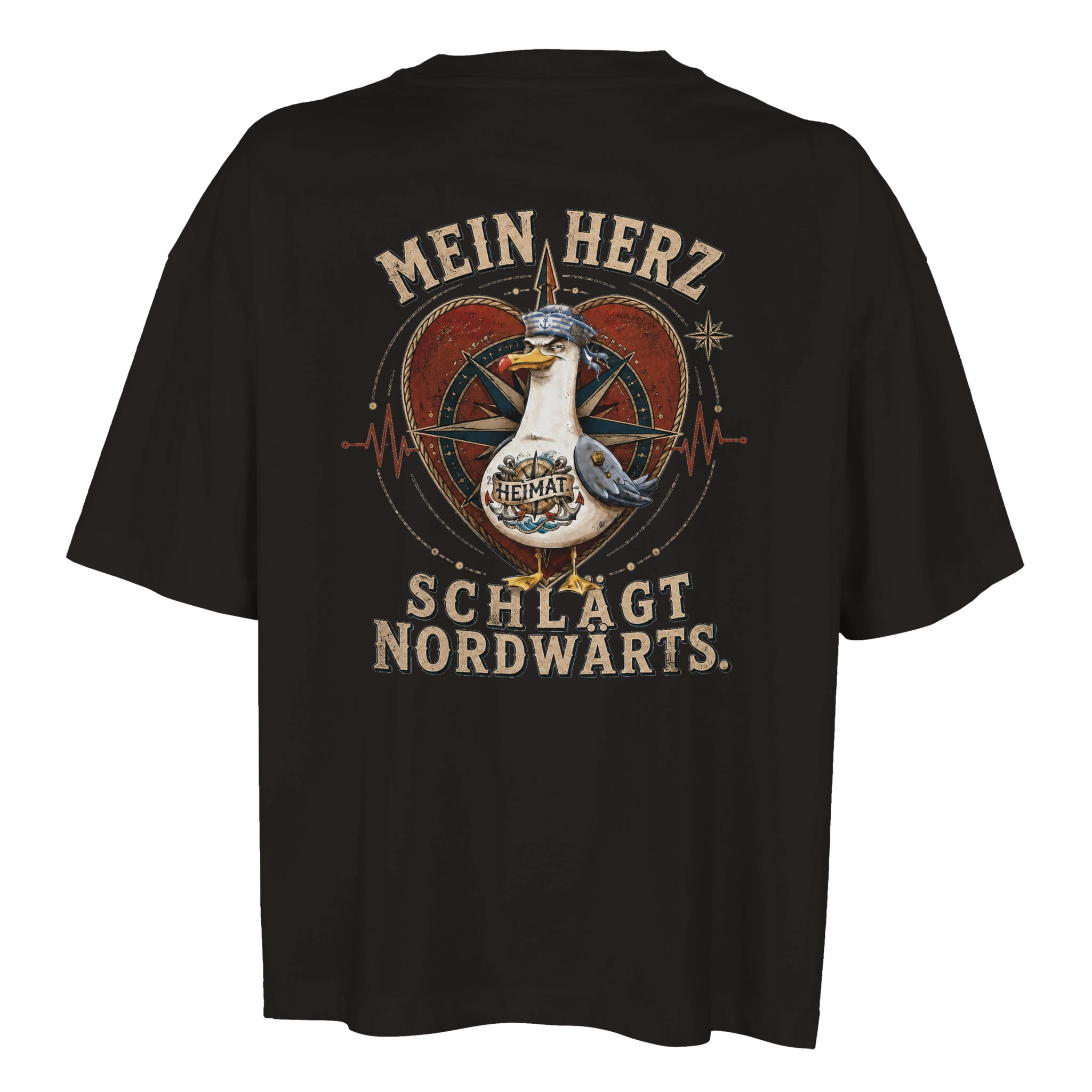 Damen-T-Shirt in Weiß mit Motiv „Mein Herz schlägt NORDWÄRTS. Möwe“
