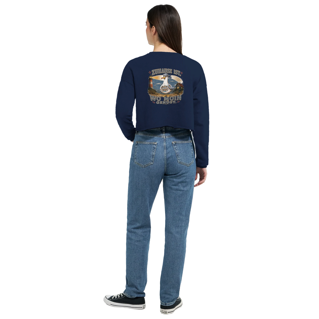 Damen-Pullover in Dunkelgrau meliert mit Motiv „Zuhause ist, wo Moin genügt. Möwe“