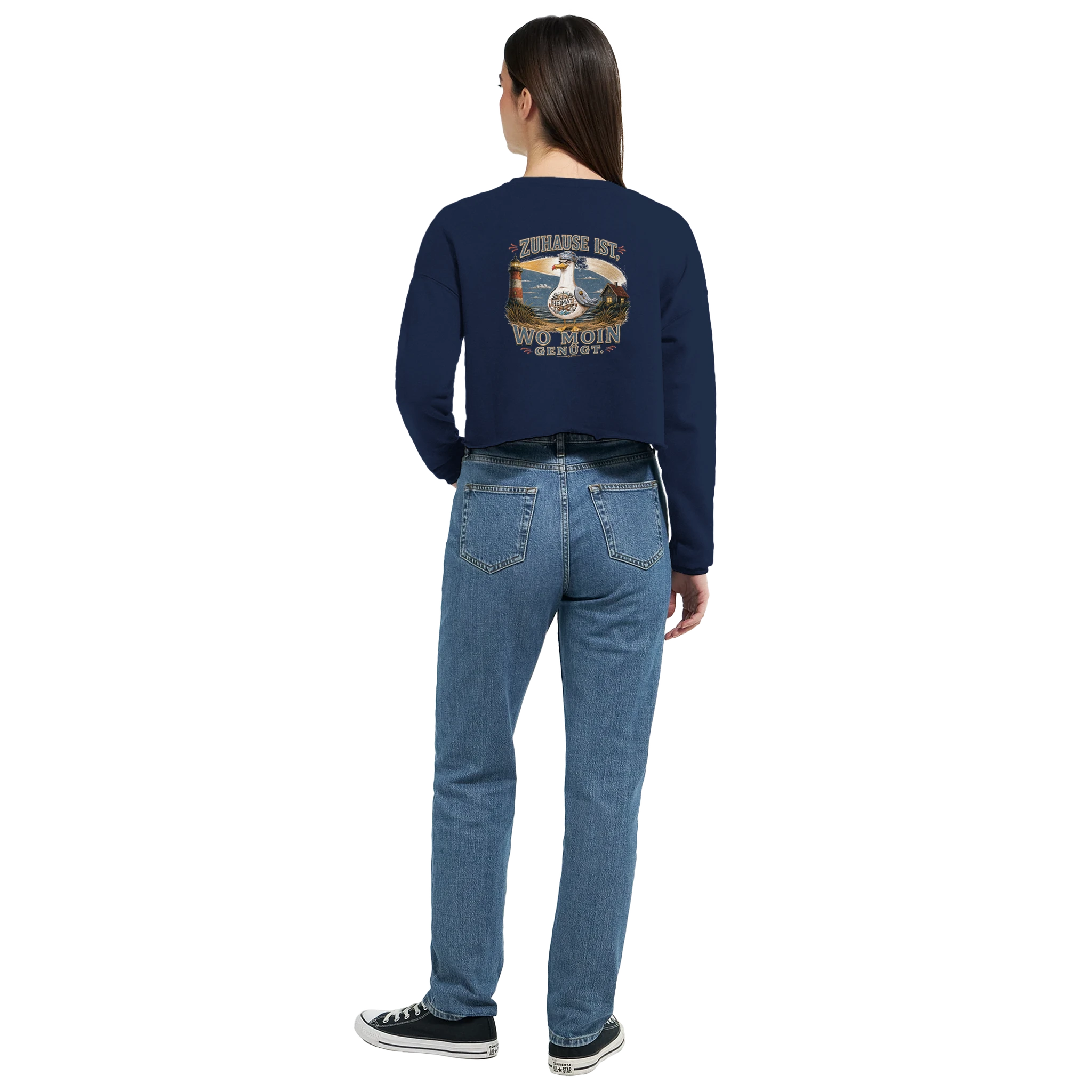 Damen-Pullover in Dunkelgrau meliert mit Motiv „Zuhause ist, wo Moin genügt. Möwe“