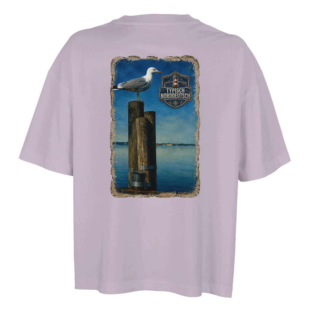 Damen-T-Shirt in Weiß mit Motiv „Möwe auf Poller“