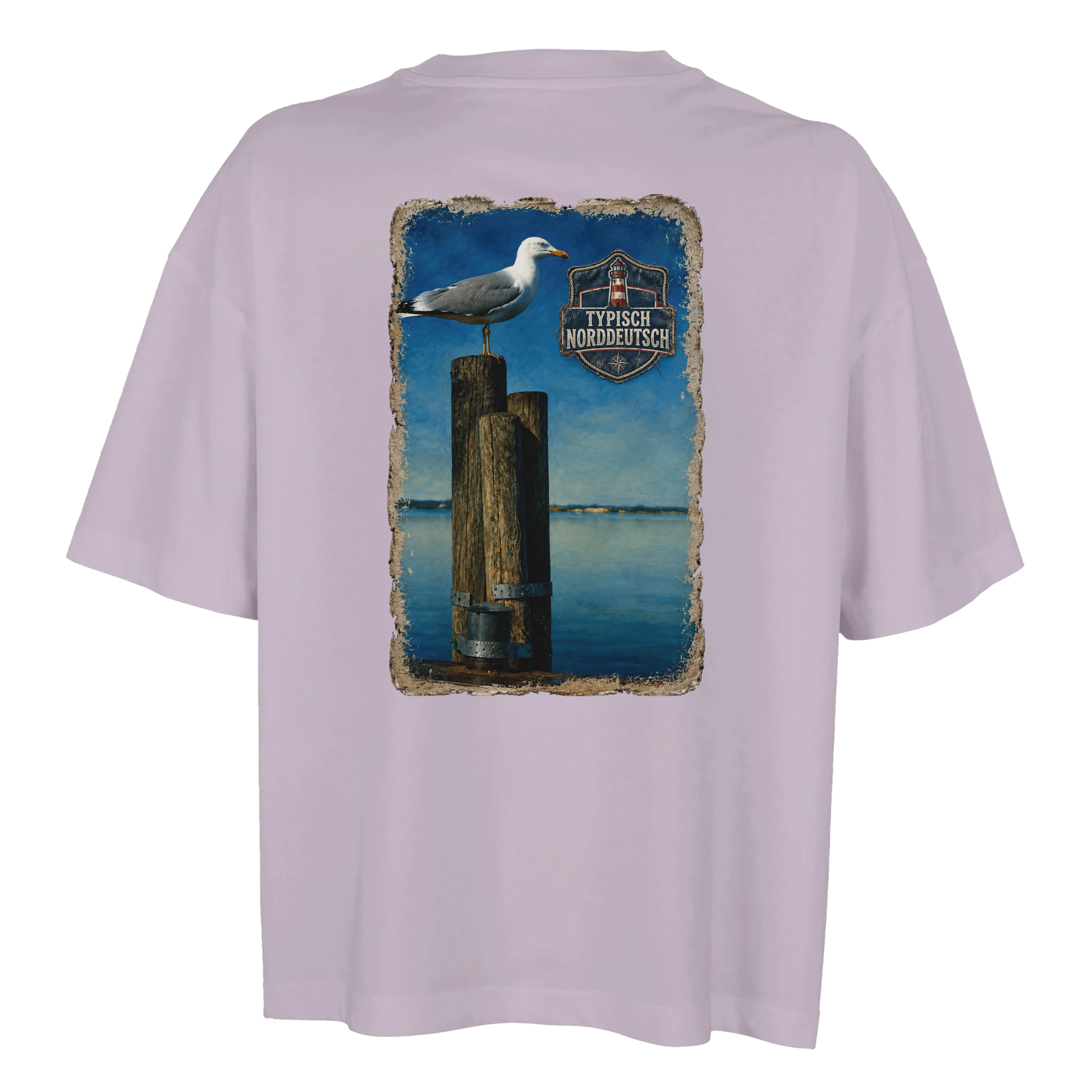 Damen-T-Shirt in Weiß mit Motiv „Möwe auf Poller“