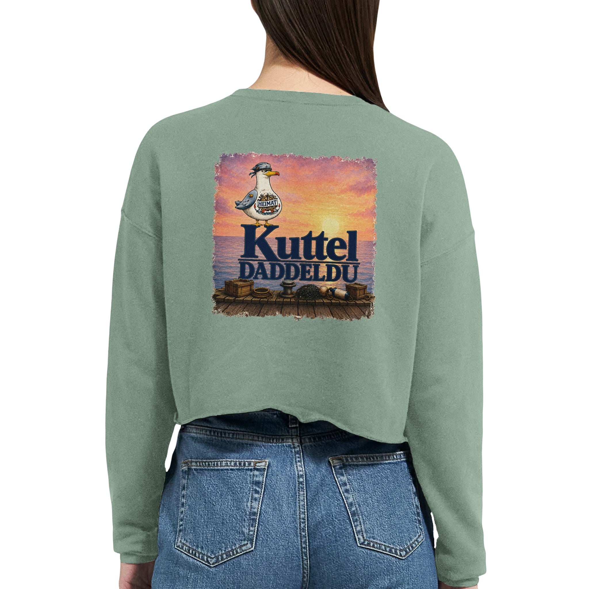Damen-Pullover in Staubblau mit Motiv „Kuttel Daddeldu“