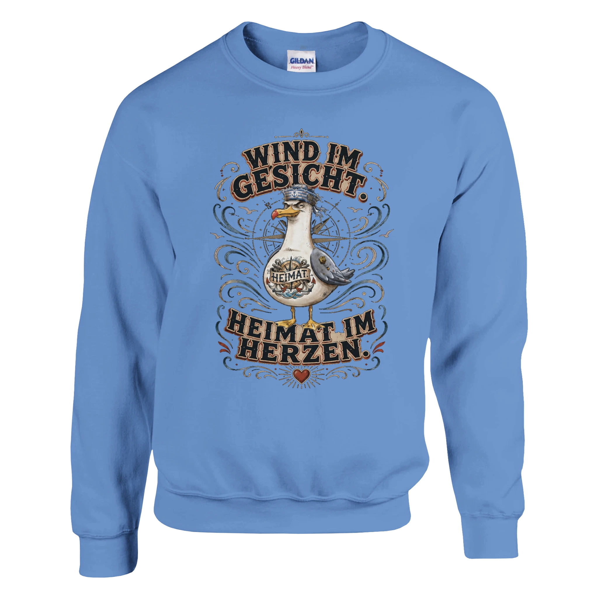 Pullover in Weiß mit Motiv „Wind im Gesicht. Heimat im Herzen. Möwe“