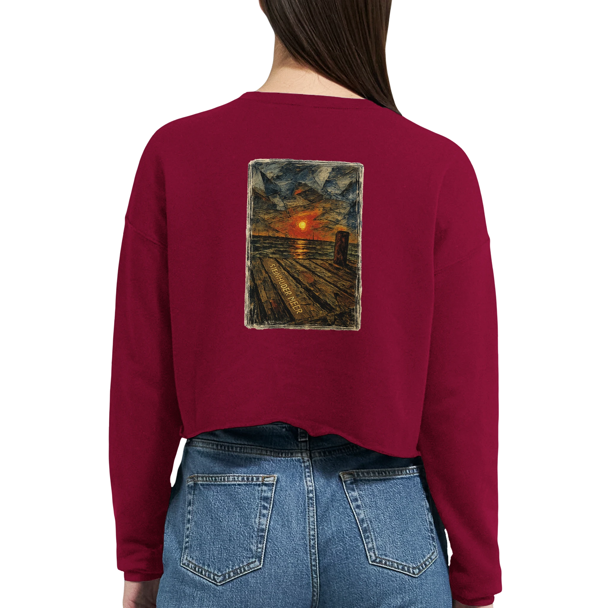Damen-Pullover in Staubblau mit Motiv „Steinhuder Meer Kunst“