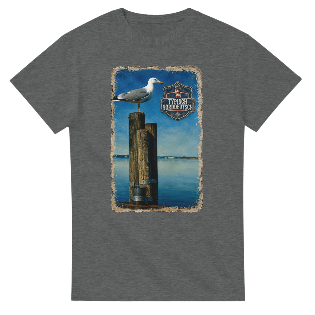 T-Shirt in Weiß mit Motiv „Möwe auf Poller“