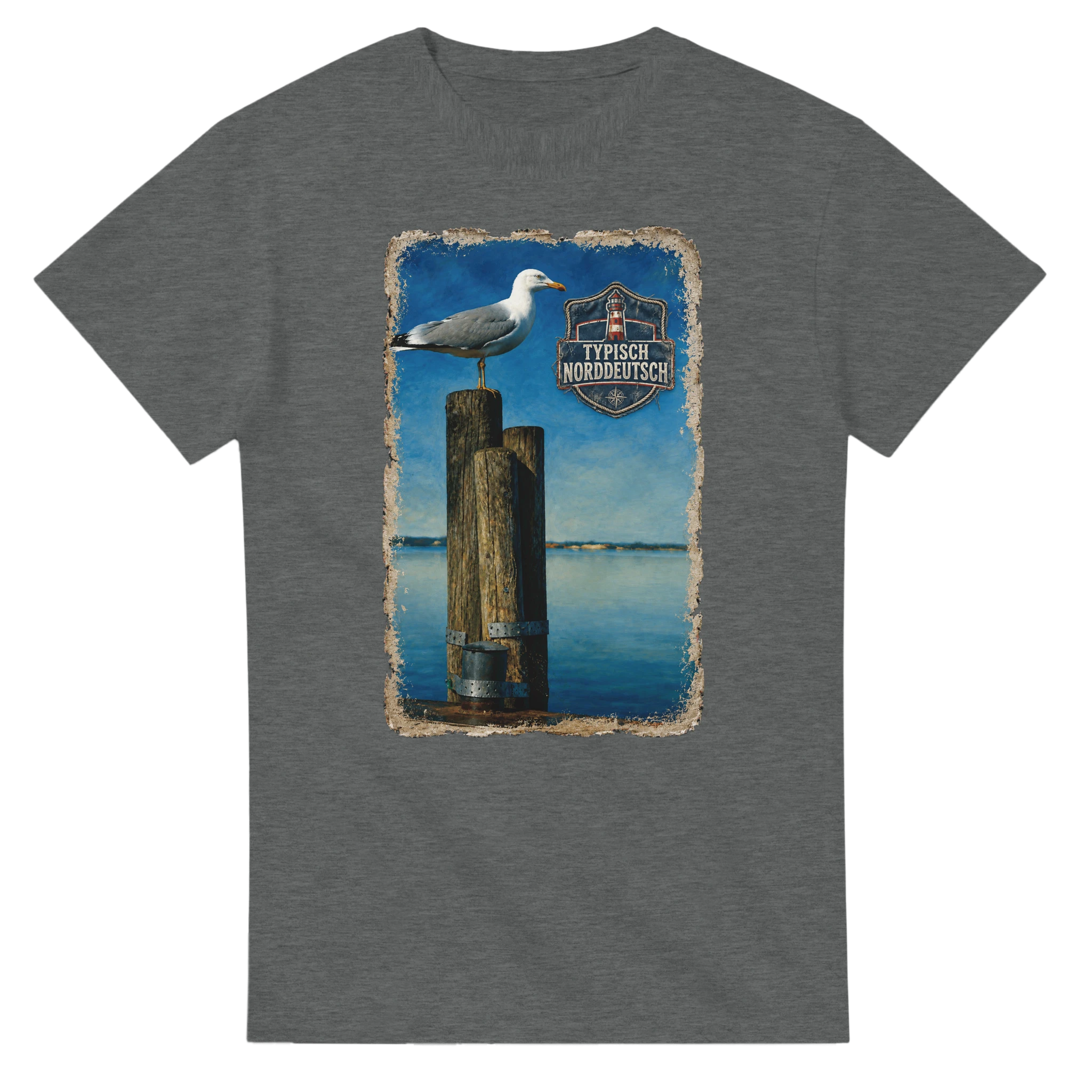 T-Shirt in Weiß mit Motiv „Möwe auf Poller“