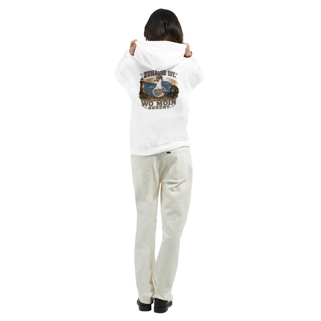 Hoodie in Hellrosa mit Motiv „Zuhause ist, wo Moin genügt. Möwe“