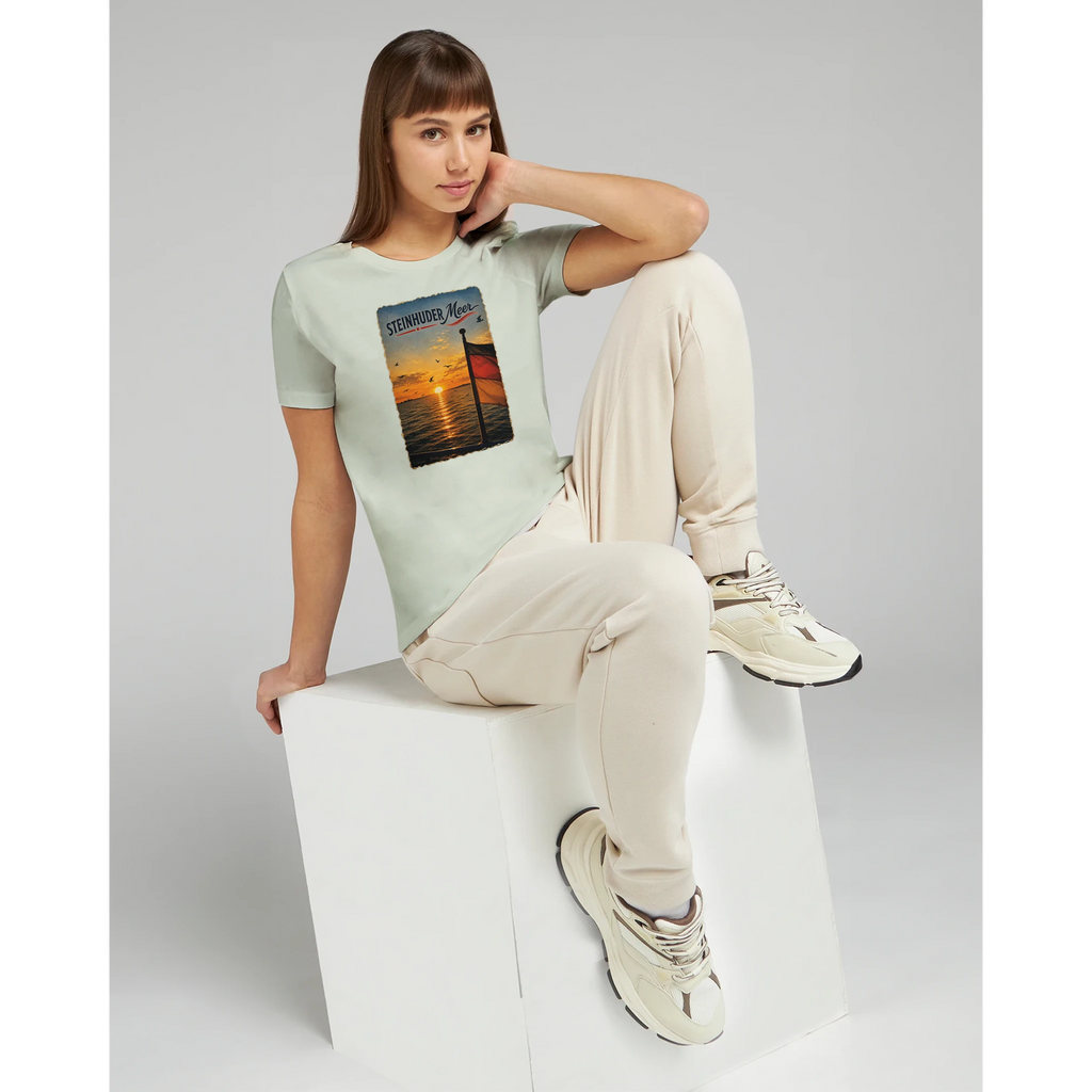 Damen-T-Shirt in Zitronengelb mit Motiv „Flagge und Sunset“