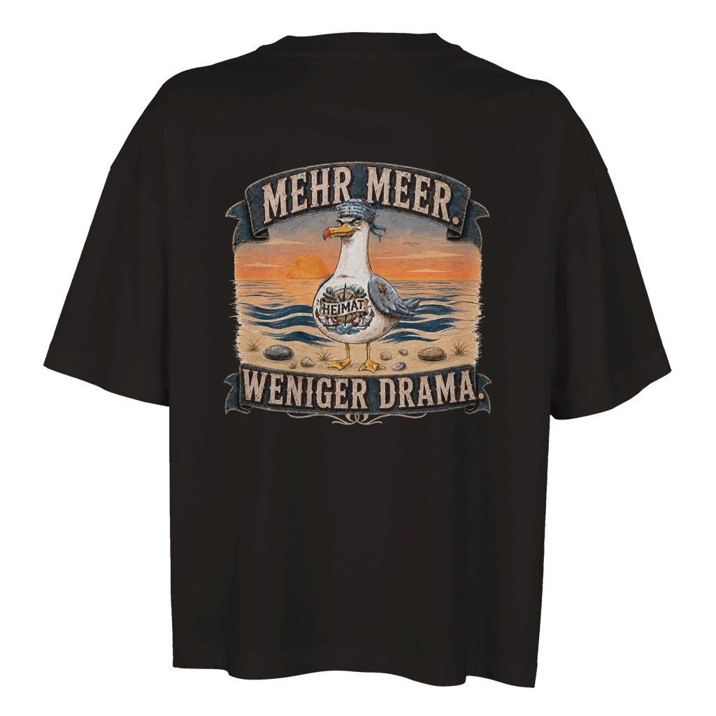 Damen-T-Shirt in Weiß mit Motiv „Mehr Meer. Weniger Drama.“
